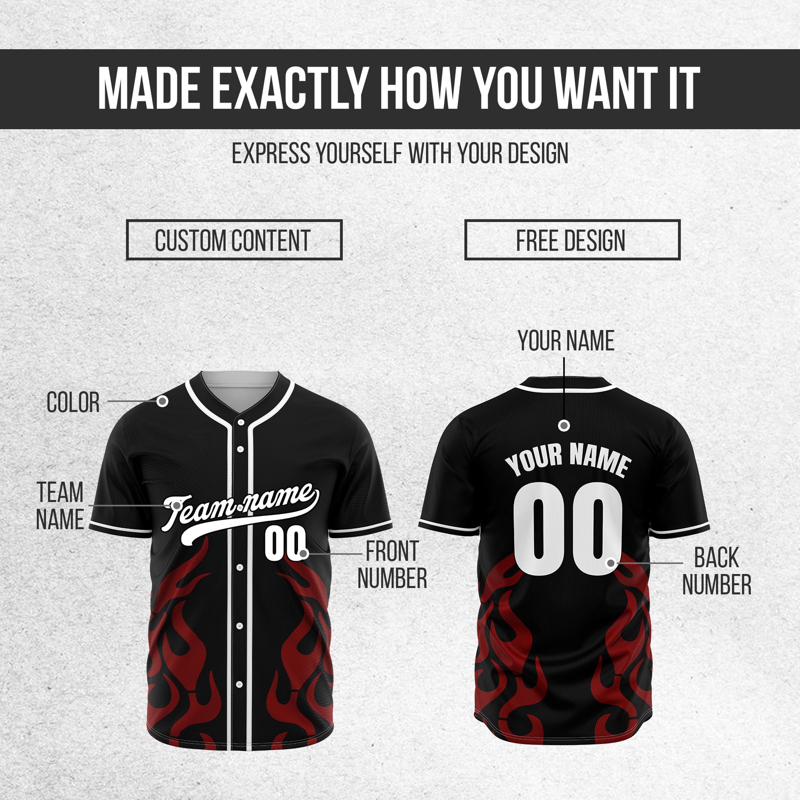 Custom Shadow Flames Black Baseball Sports Jersey Personalized Uniform with Name & Number
