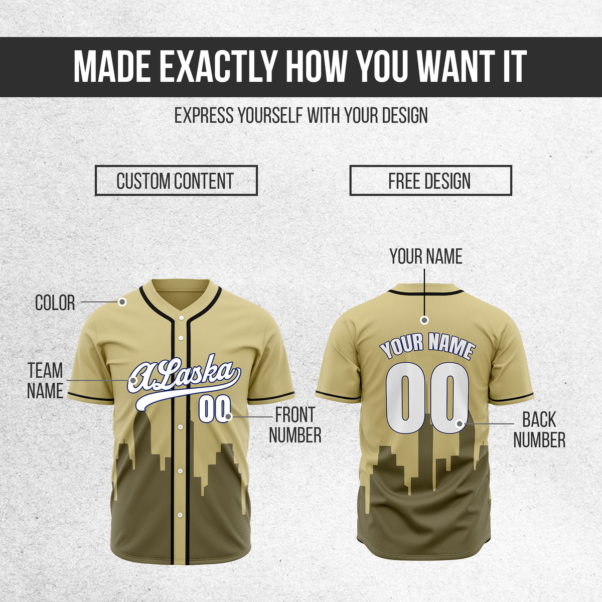 Custom City Horizon Khaki  Baseball Sports Jersey Personalized Uniform with Name & Number
