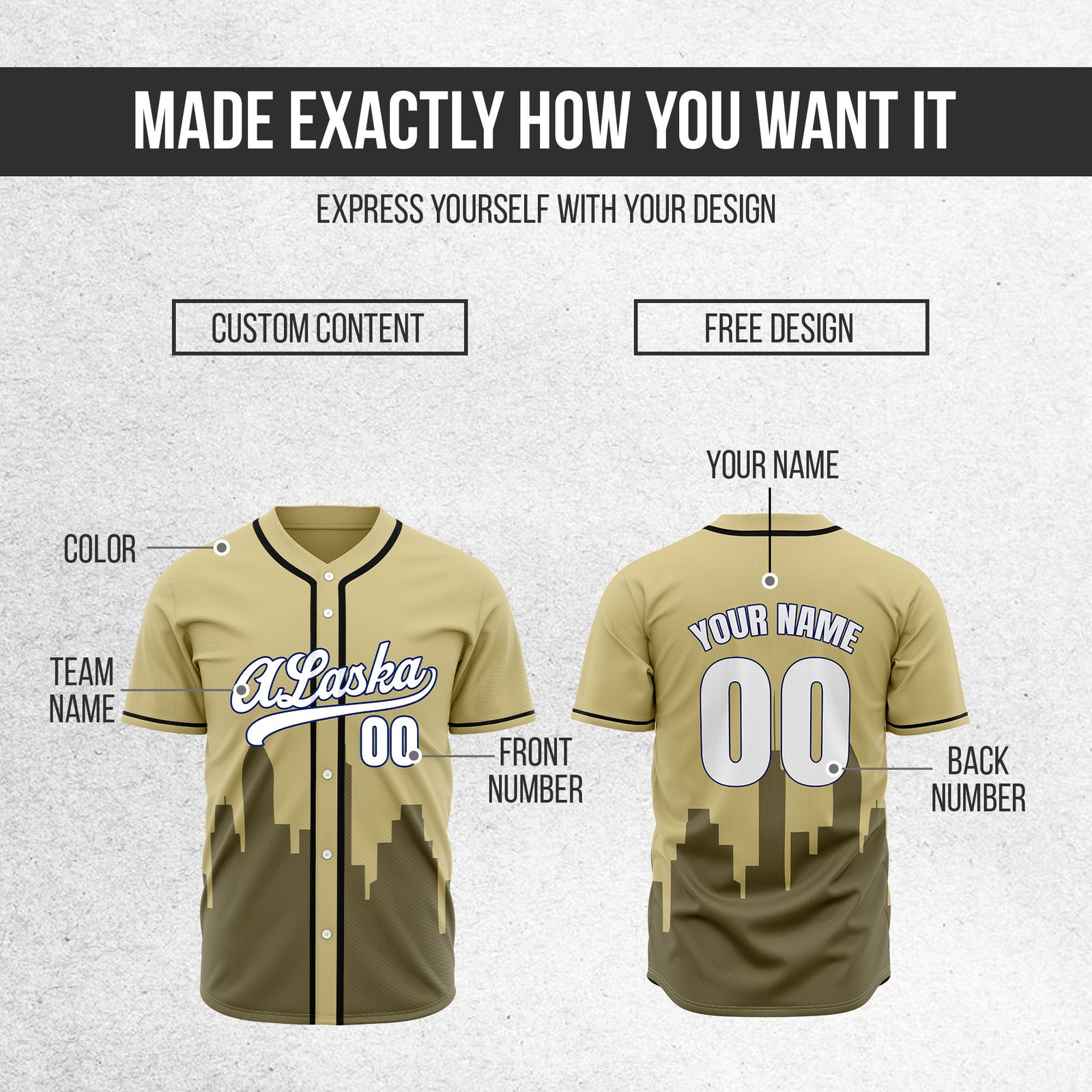 Custom City Horizon Khaki  Baseball Sports Jersey Personalized Uniform with Name & Number