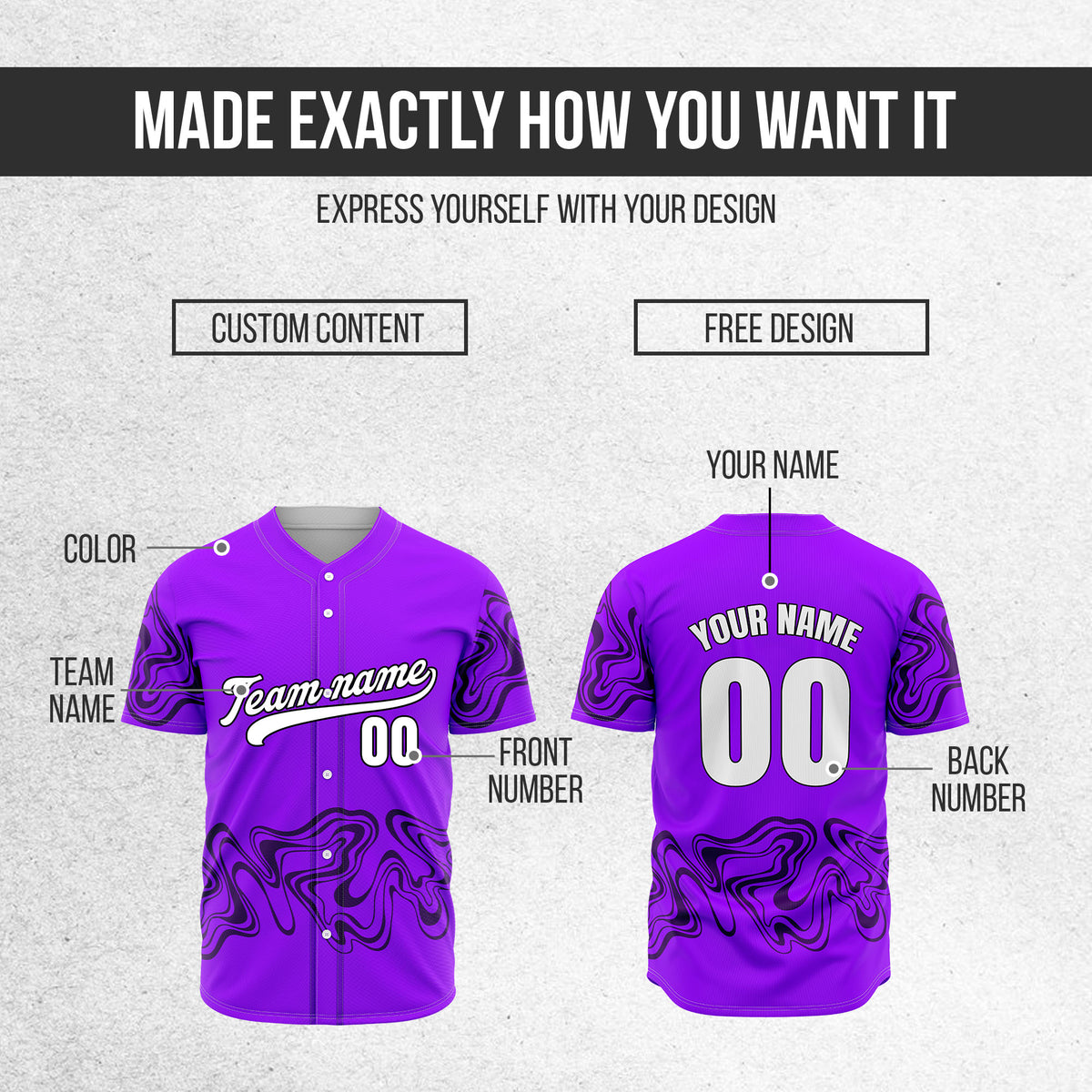 Custom Purple Baseball Wave Sports Jersey Personalized Uniform with Name & Number