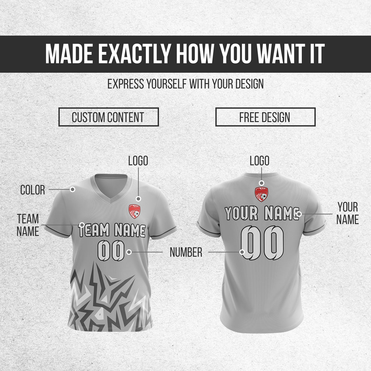 Custom Spark Strike V-Side Pattern Grey Soccer Sport Tops Jersey