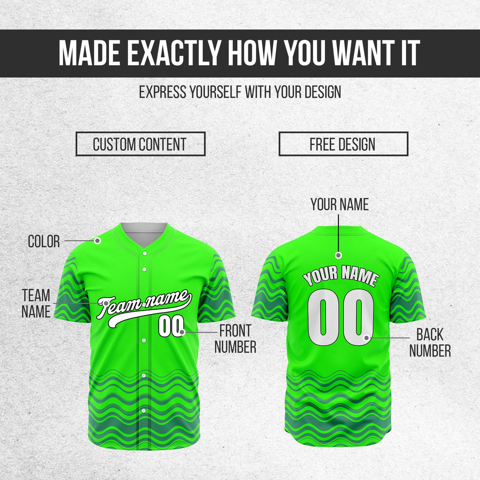 Custom Neon Green Baseball Wave Sports Jersey Personalized Uniform with Name & Number