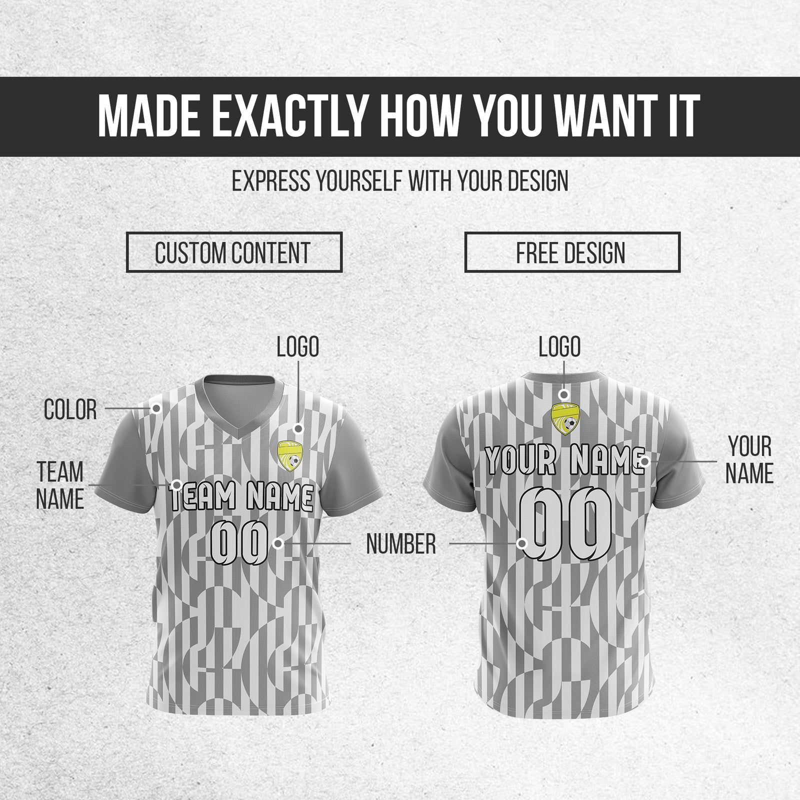 Custom Pulse Grid V-Full Pattern Soccer Grey Sport Tops Jersey
