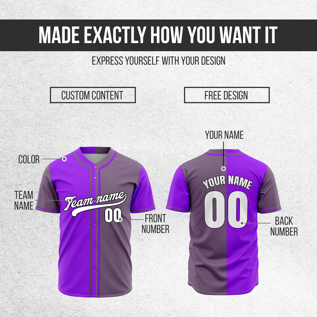 Custom Split Baseball Purple Sports Jersey Personalized Uniform with Name & Number