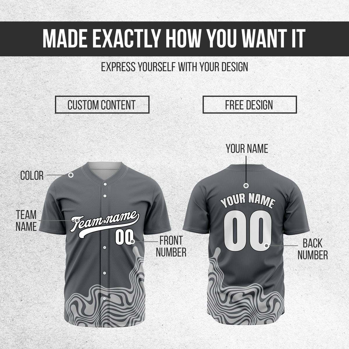 Custom Dark Grey Baseball Wave Sports Jersey Personalized Uniform with Name & Number