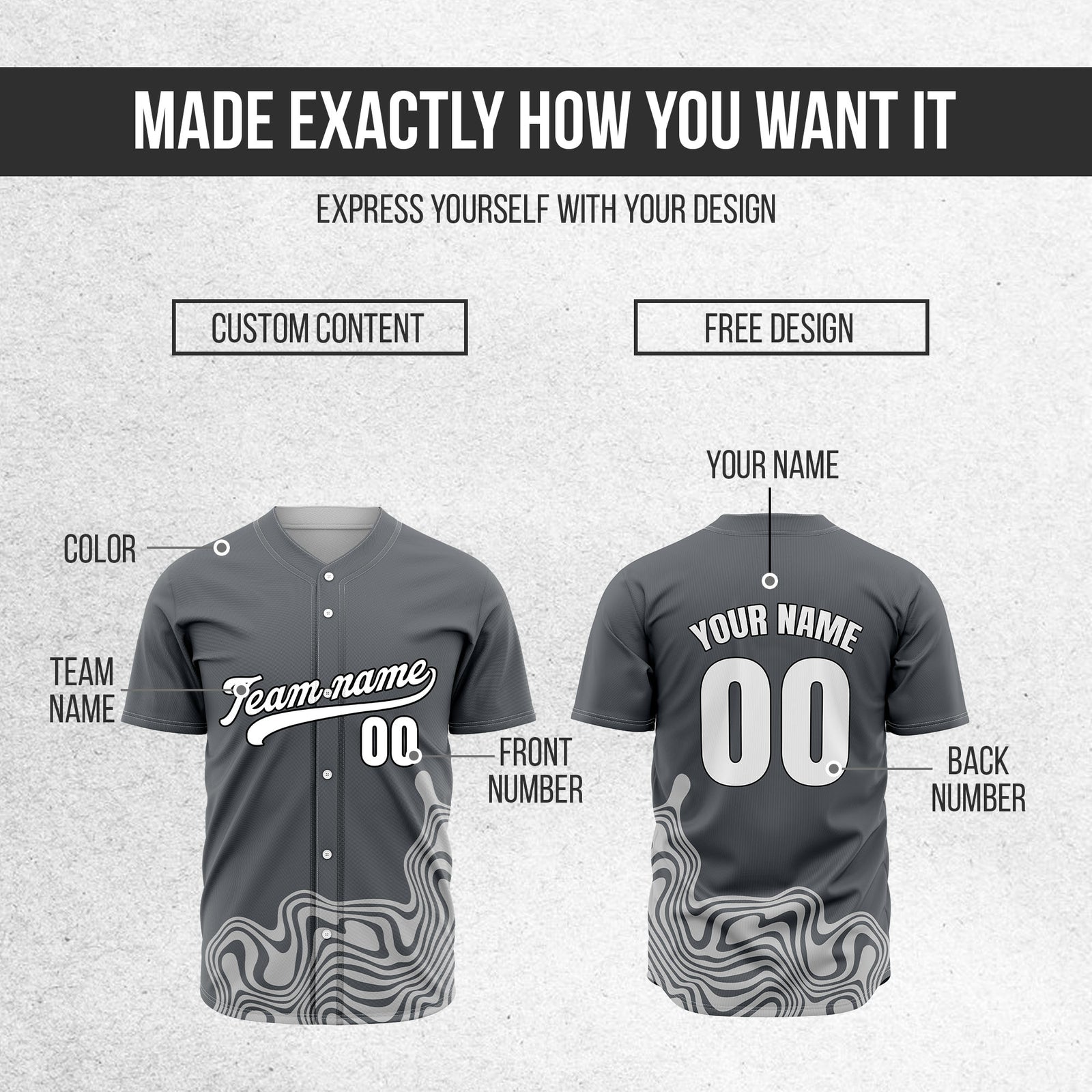 Custom Dark Grey Baseball Wave Sports Jersey Personalized Uniform with Name & Number