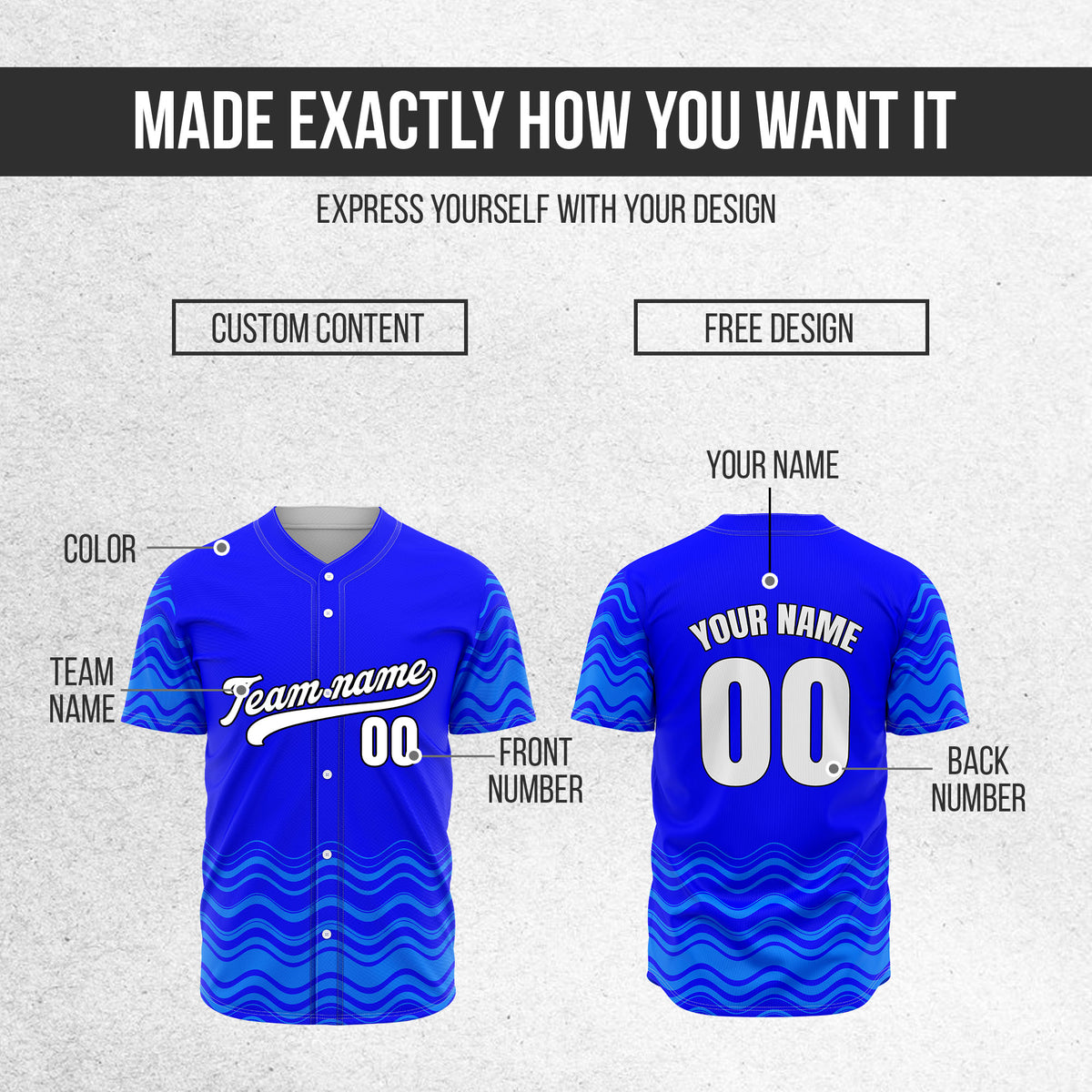 Custom Blue Baseball Wave Sports Jersey Personalized Uniform with Name & Number
