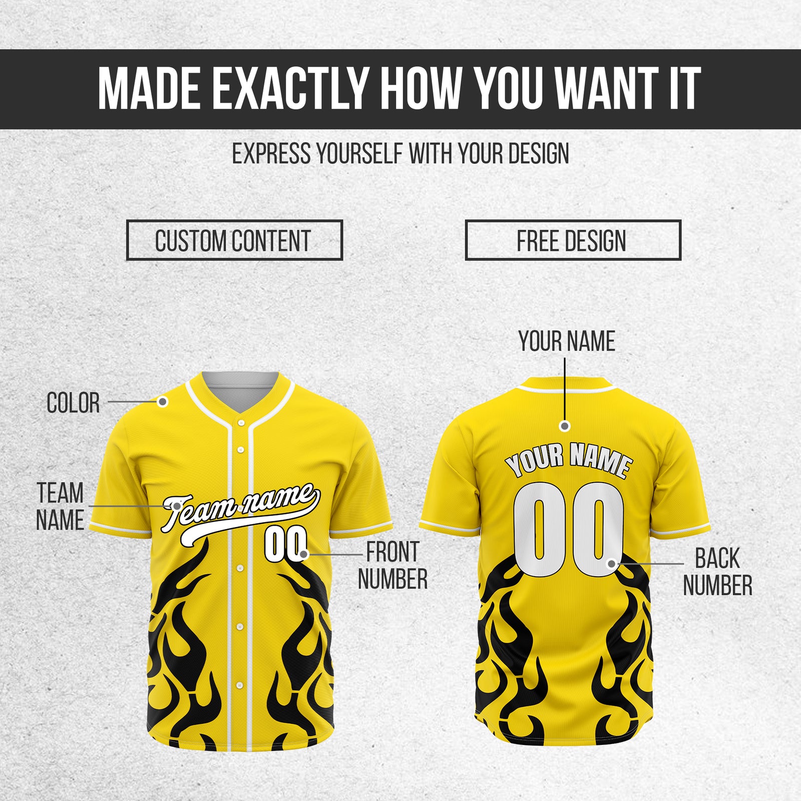 Custom Shadow Flames Yellow Baseball Sports Jersey Personalized Uniform with Name & Number
