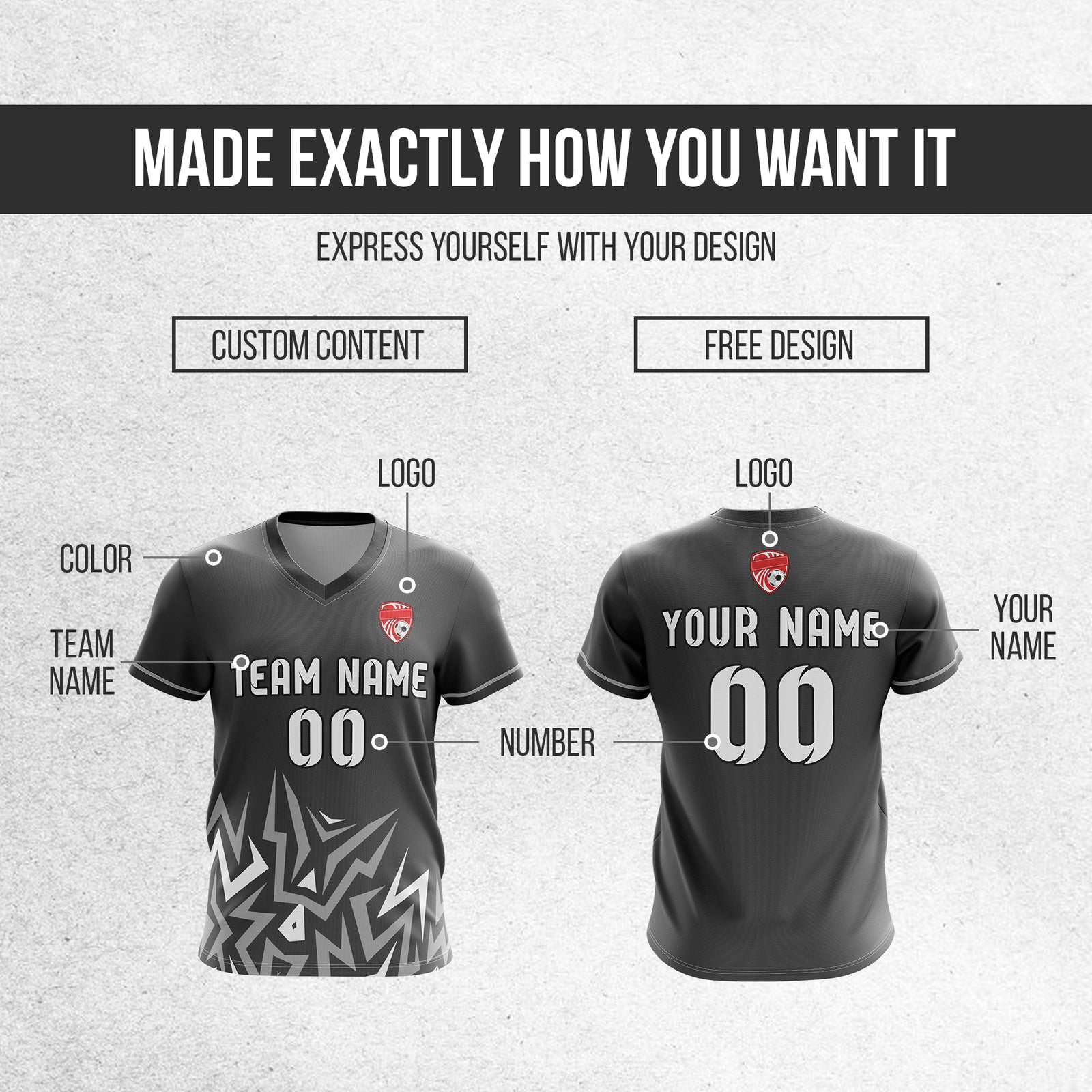 Custom Spark Strike V-Side Pattern Dark Grey Soccer Sport Tops Jersey