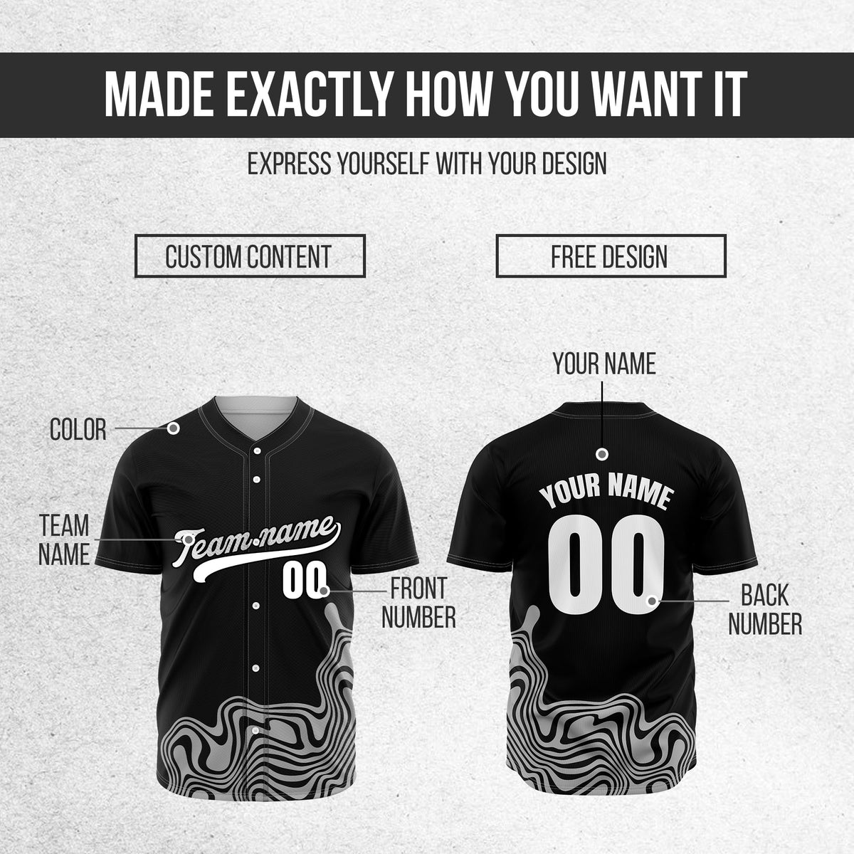 Custom Black Baseball Wave Sports Jersey Personalized Uniform with Name & Number