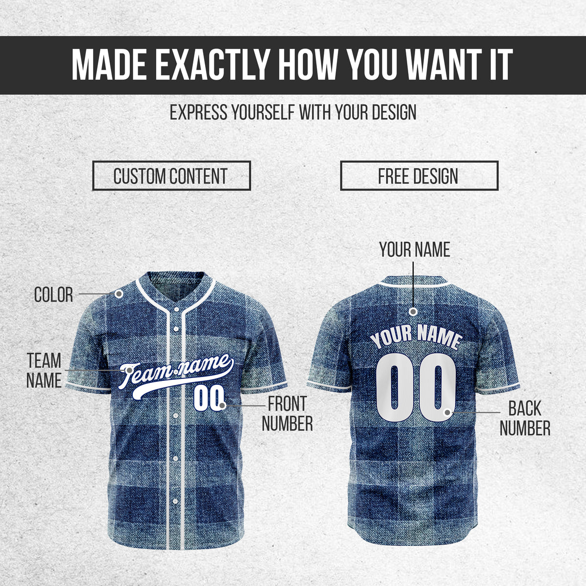 Custom Deep Indigo Denim Baseball Sports Jersey Personalized Uniform with Name & Number