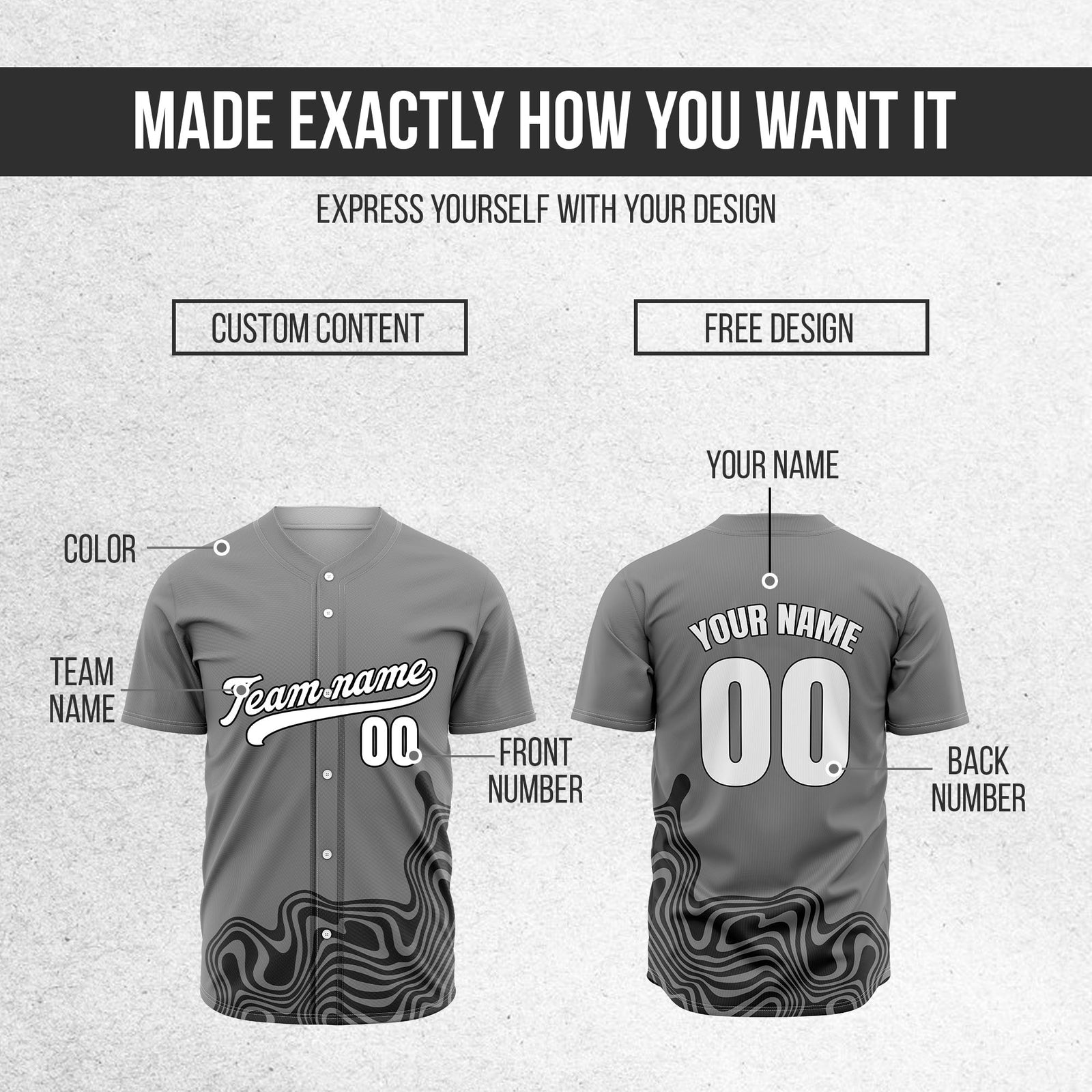 Custom Grey Baseball Wave Sports Jersey Personalized Uniform with Name & Number