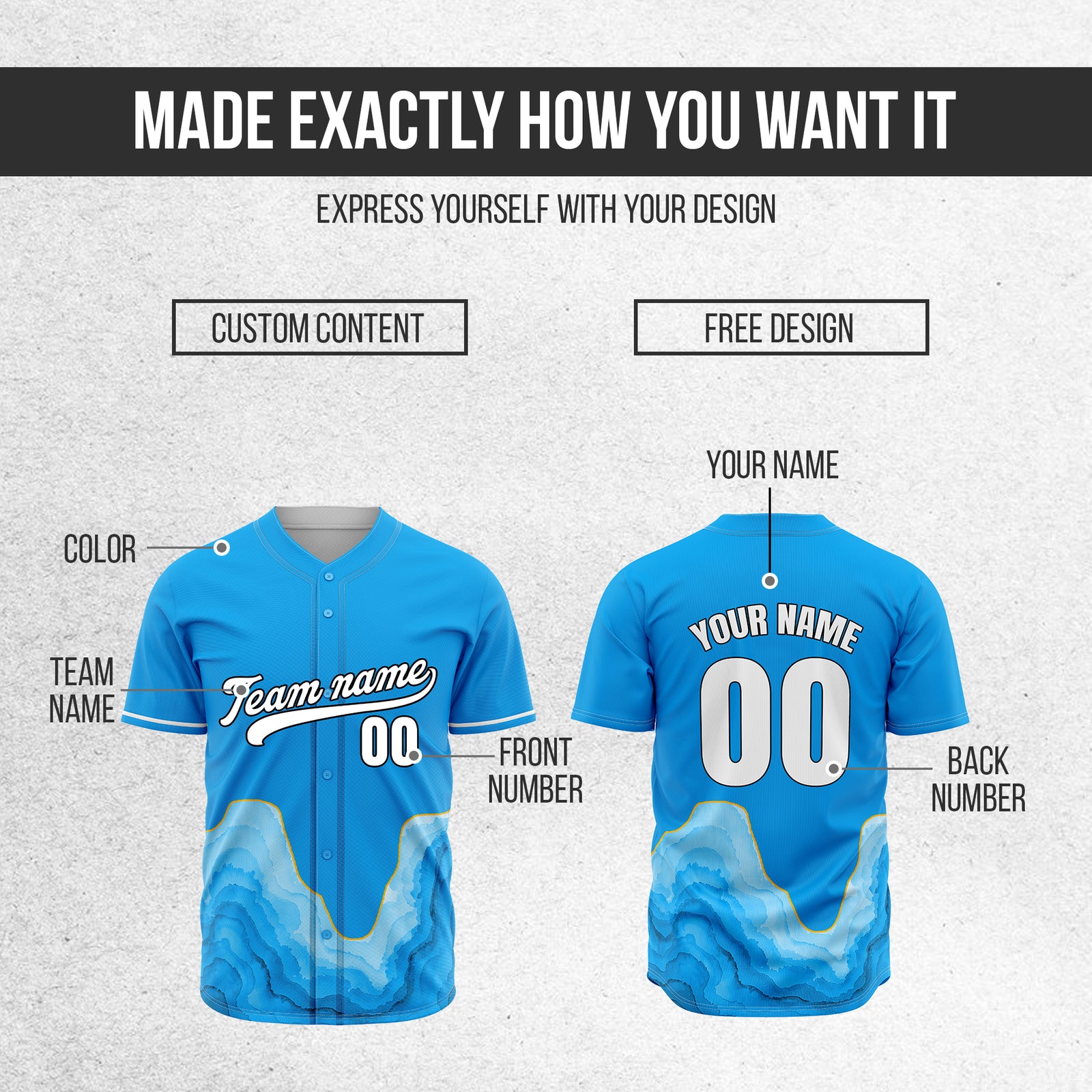Custom Blue Wave Baseball Sports Jersey Personalized Uniform with Name & Number