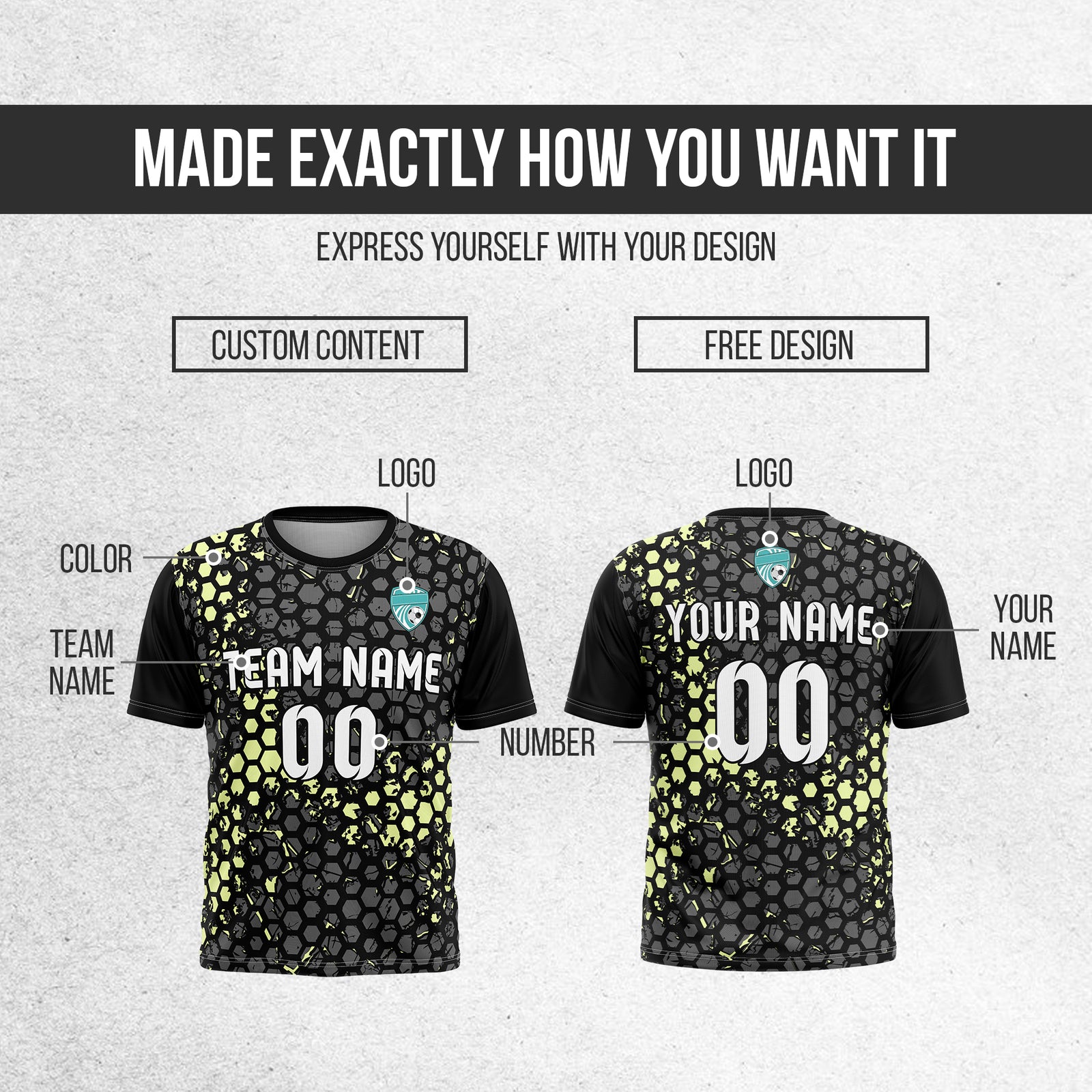 Custom Soccer Black Round Neck Hex Pattern Sports Tops Jersey