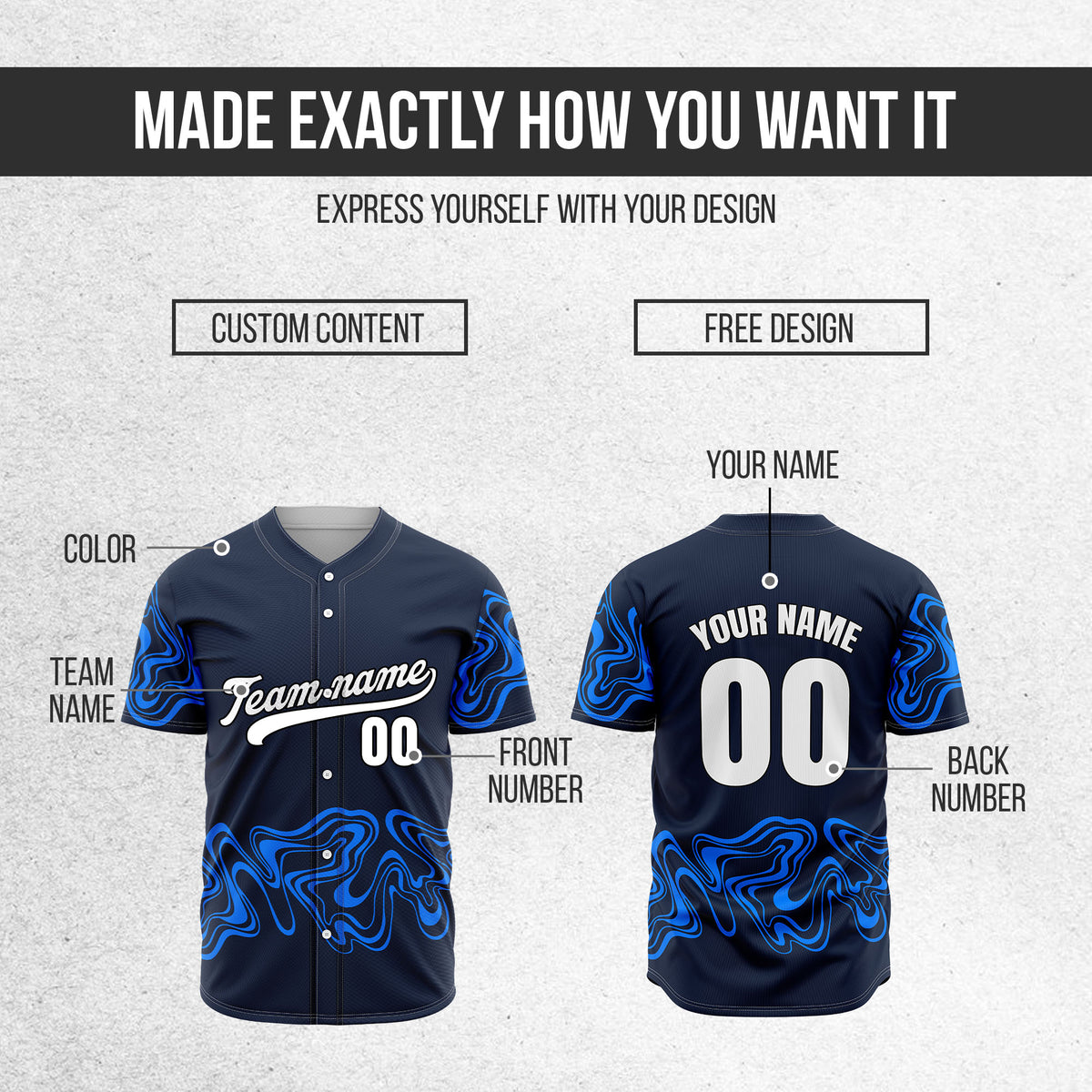 Custom Navy Baseball Wave Sports Jersey Personalized Uniform with Name & Number