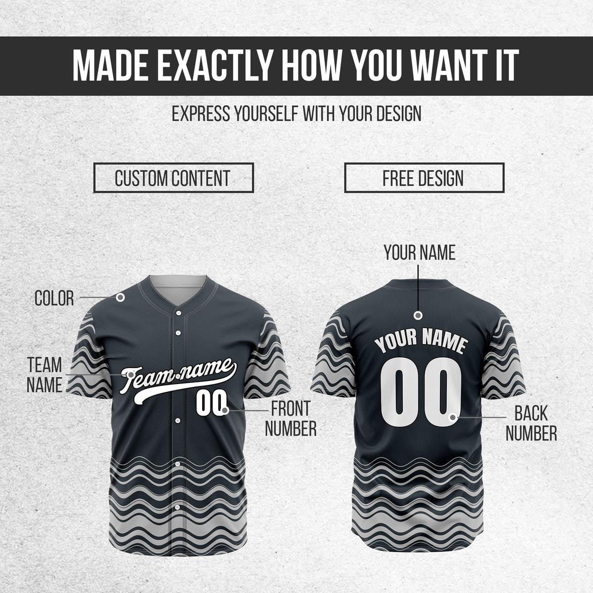 Custom Grey Baseball Wave Sports Jersey Personalized Uniform with Name & Number