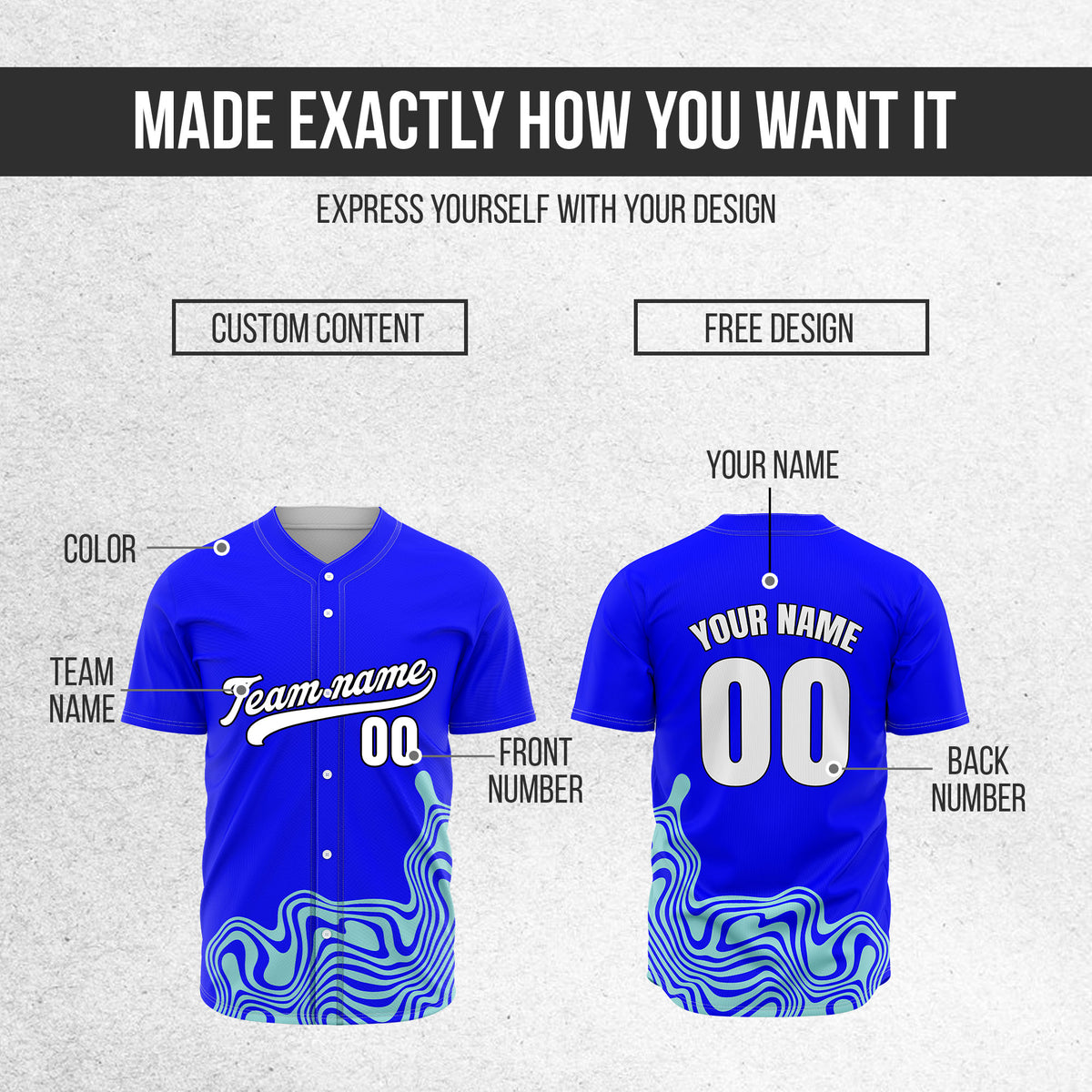 Custom Blue Baseball Wave Sports Jersey Personalized Uniform with Name & Number