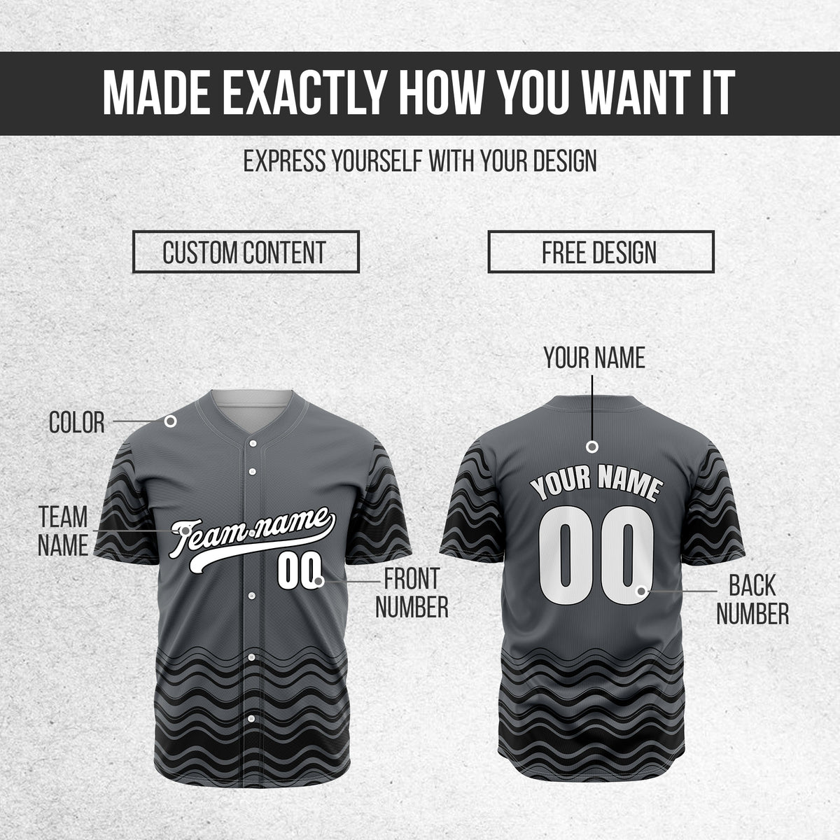 Custom Dark Grey Baseball Wave Sports Jersey Personalized Uniform with Name & Number