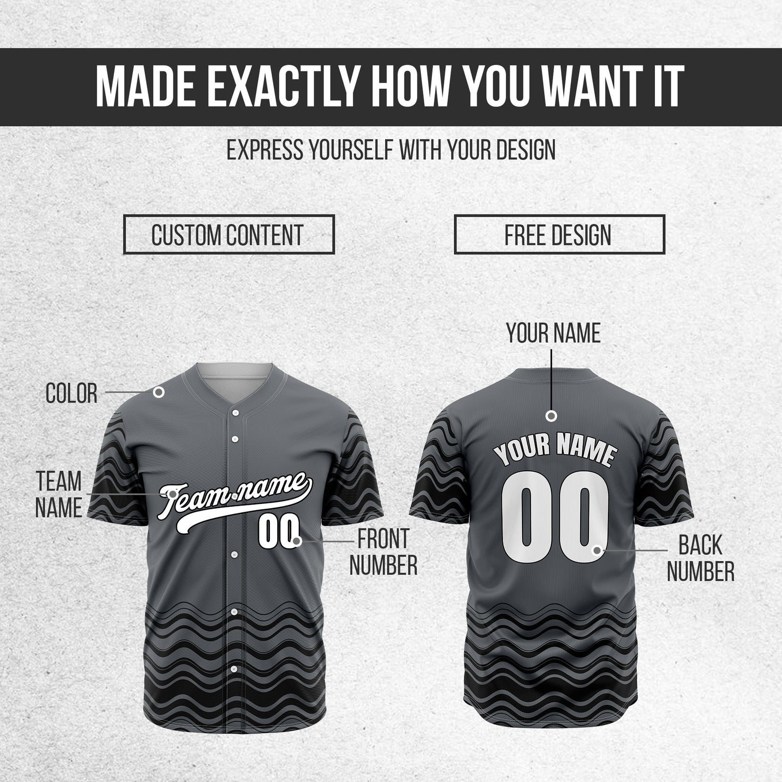 Custom Dark Grey Baseball Wave Sports Jersey Personalized Uniform with Name & Number