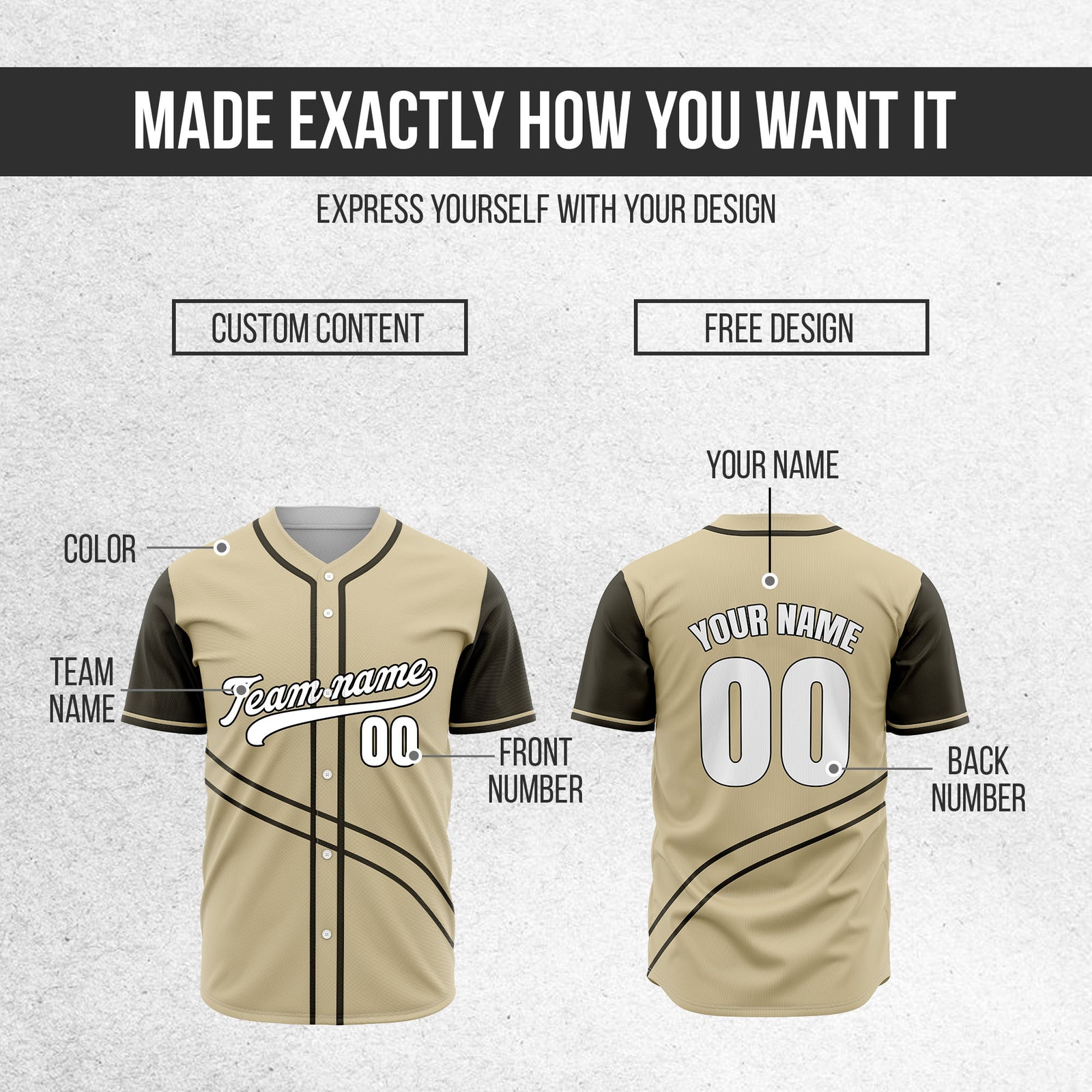 Custom Swift Khaki Raglan Style Baseball Sports Jersey Personalized Uniform with Name & Number