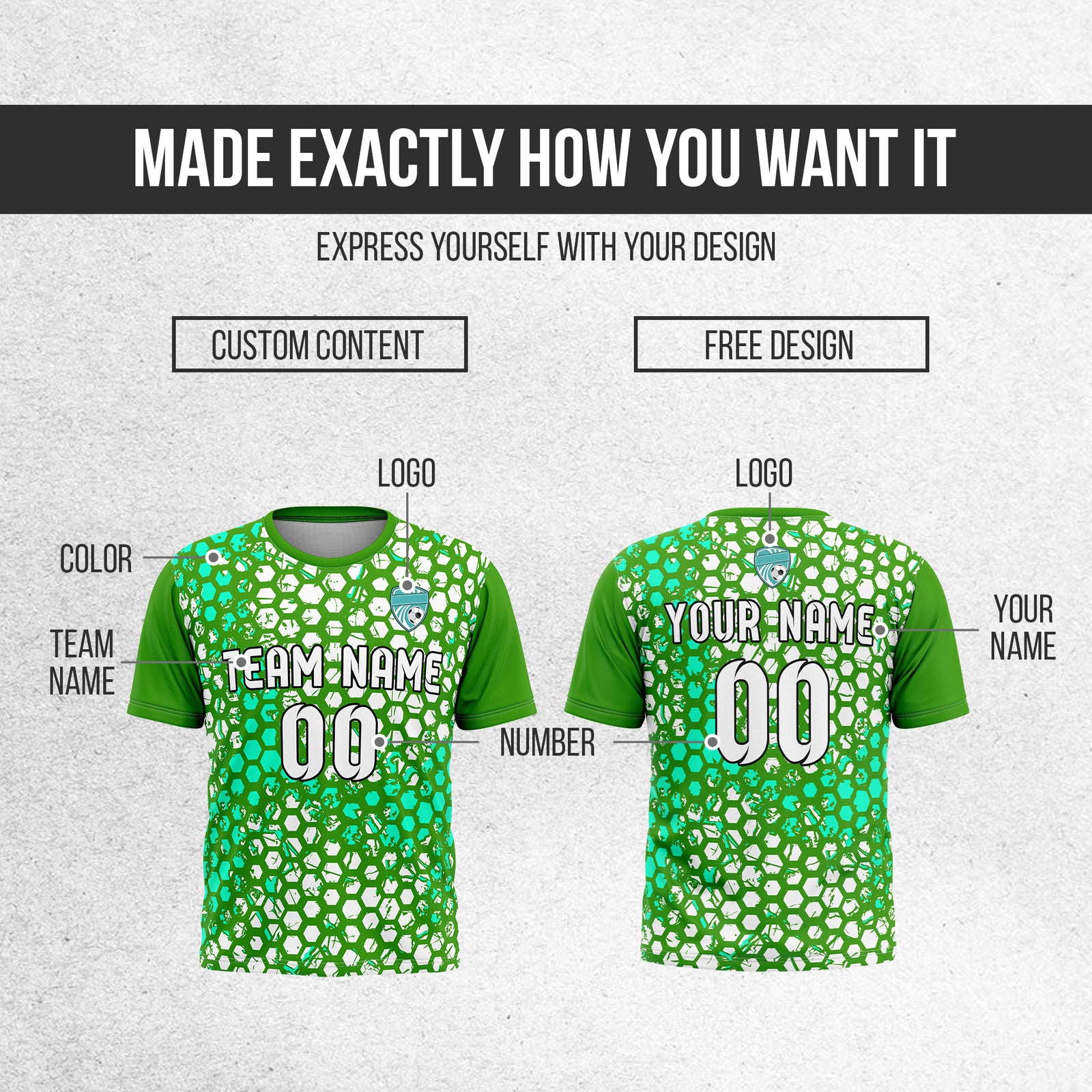 Custom Soccer Green Round Neck Hex Pattern Sports Tops Jersey