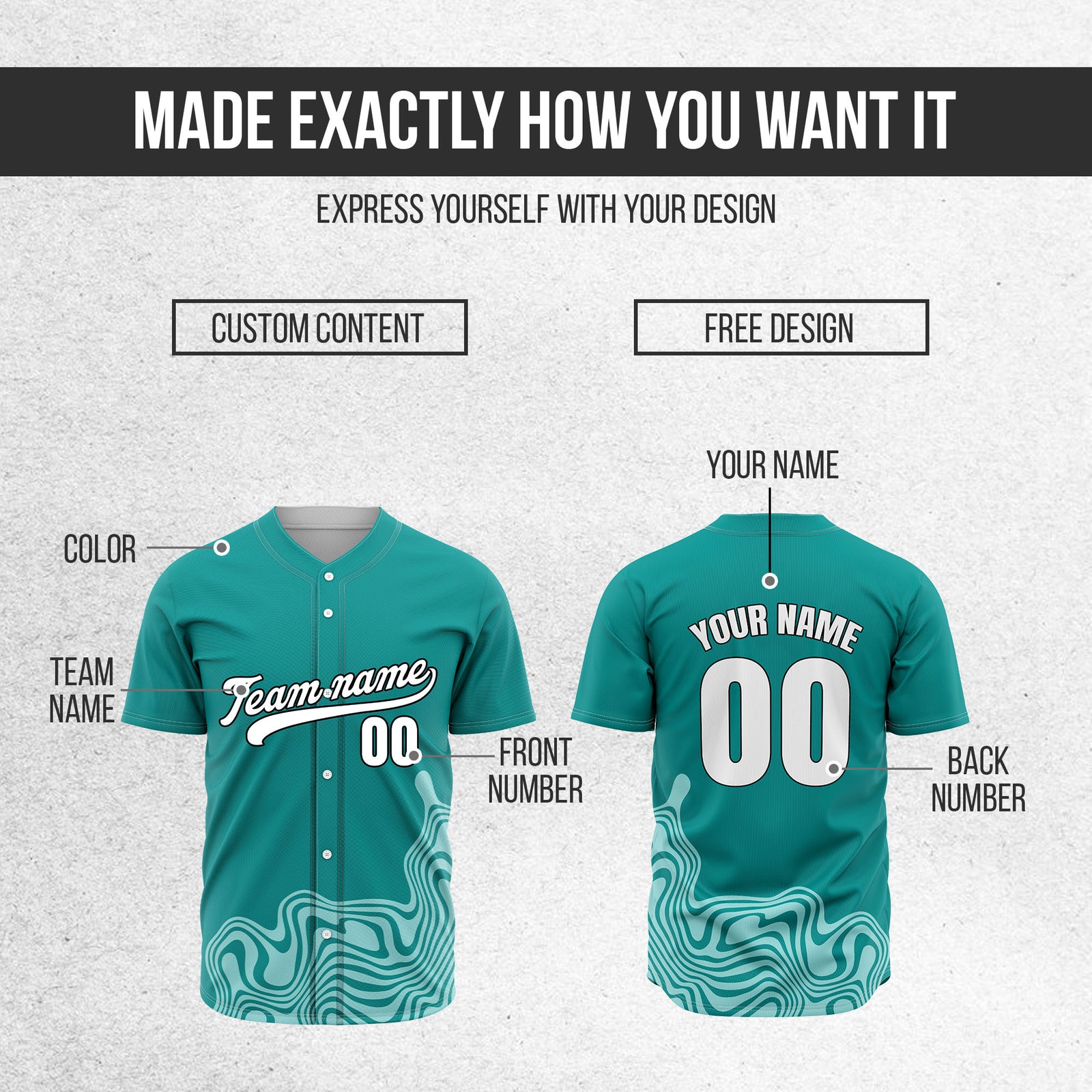 Custom Teal Baseball Wave Sports Jersey Personalized Uniform with Name & Number