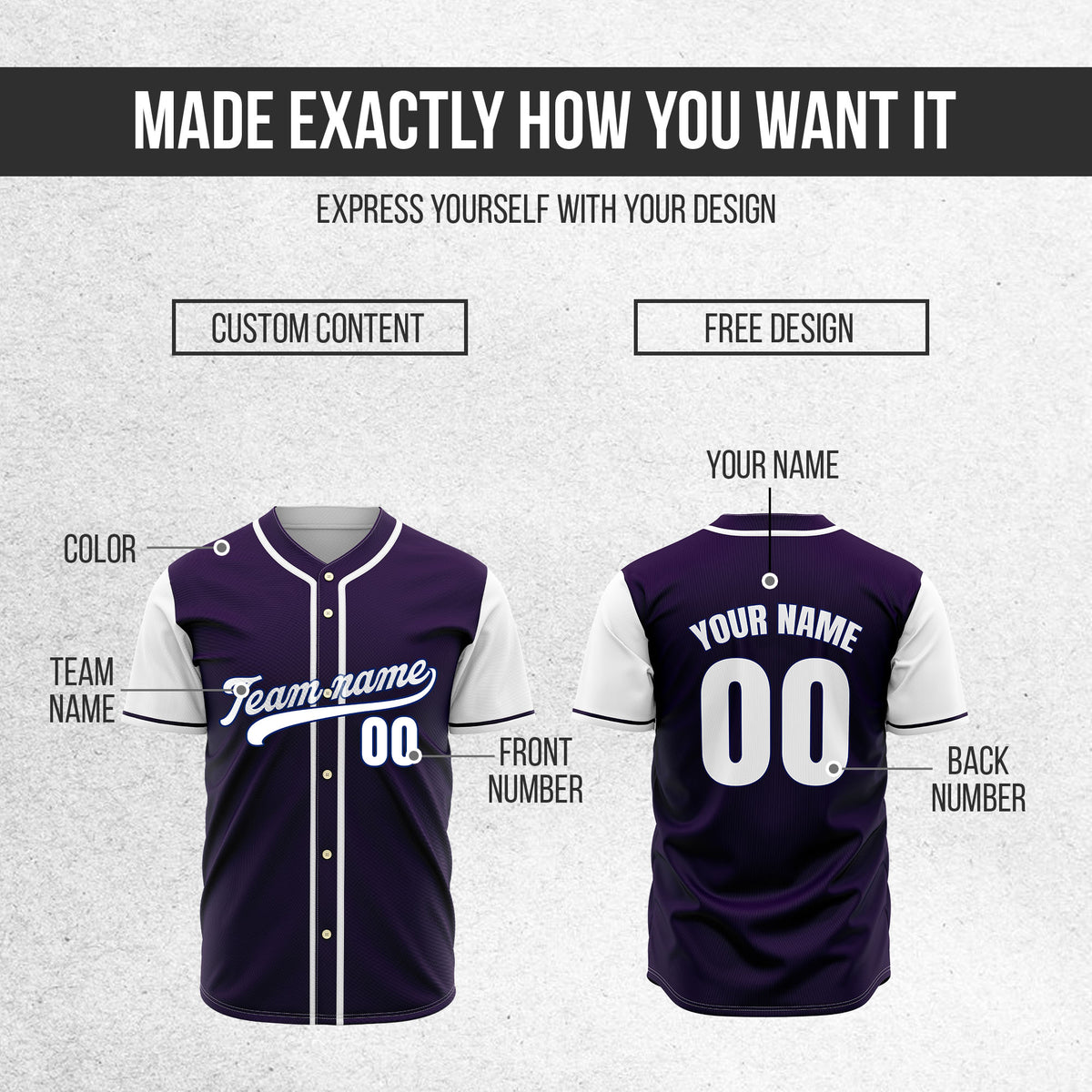 Custom Crimson Purple Raglan Style Baseball Sports Jersey Personalized Uniform with Name & Number