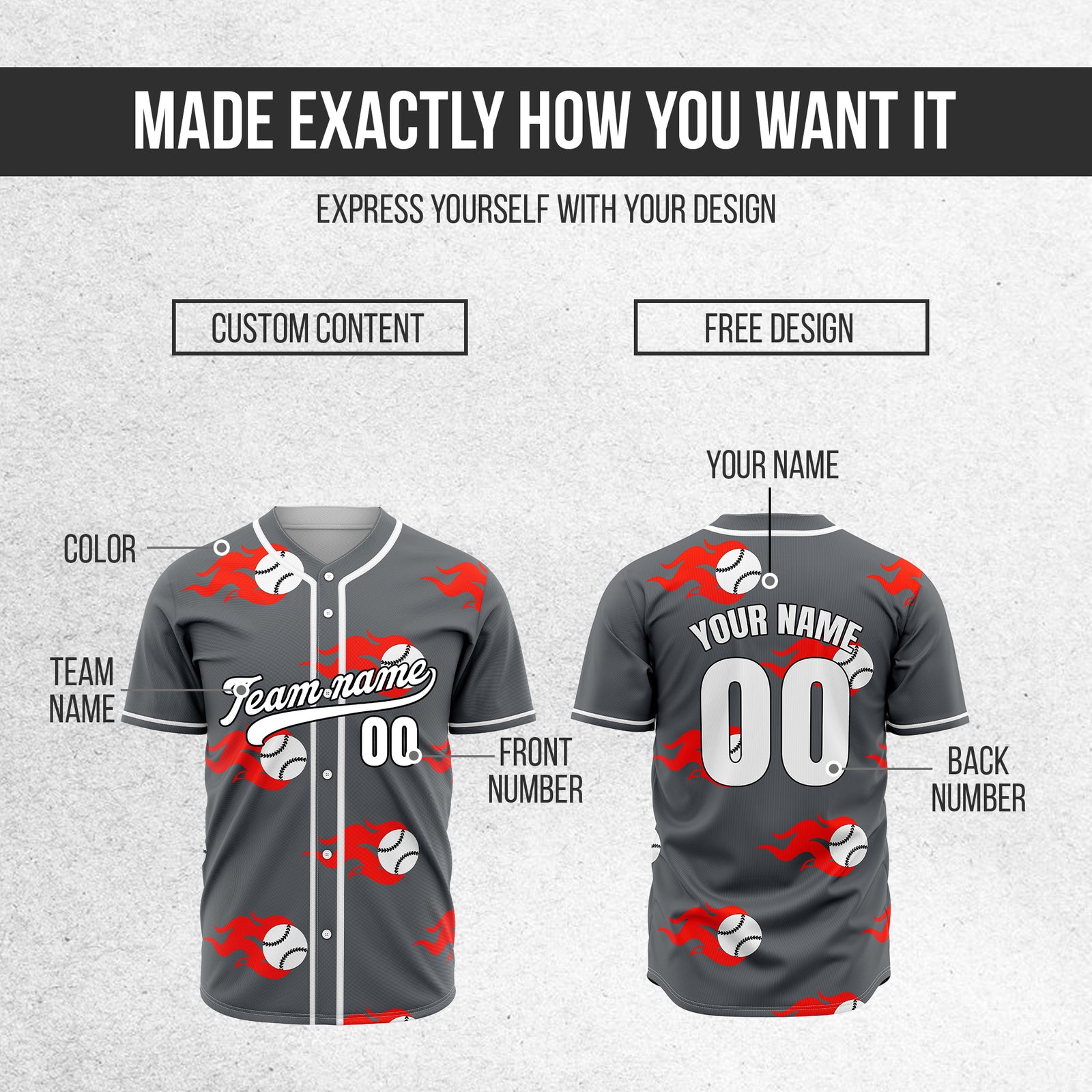 Custom Fireballers Dark Grey Baseball Sports Jersey Personalized Uniform with Name & Number