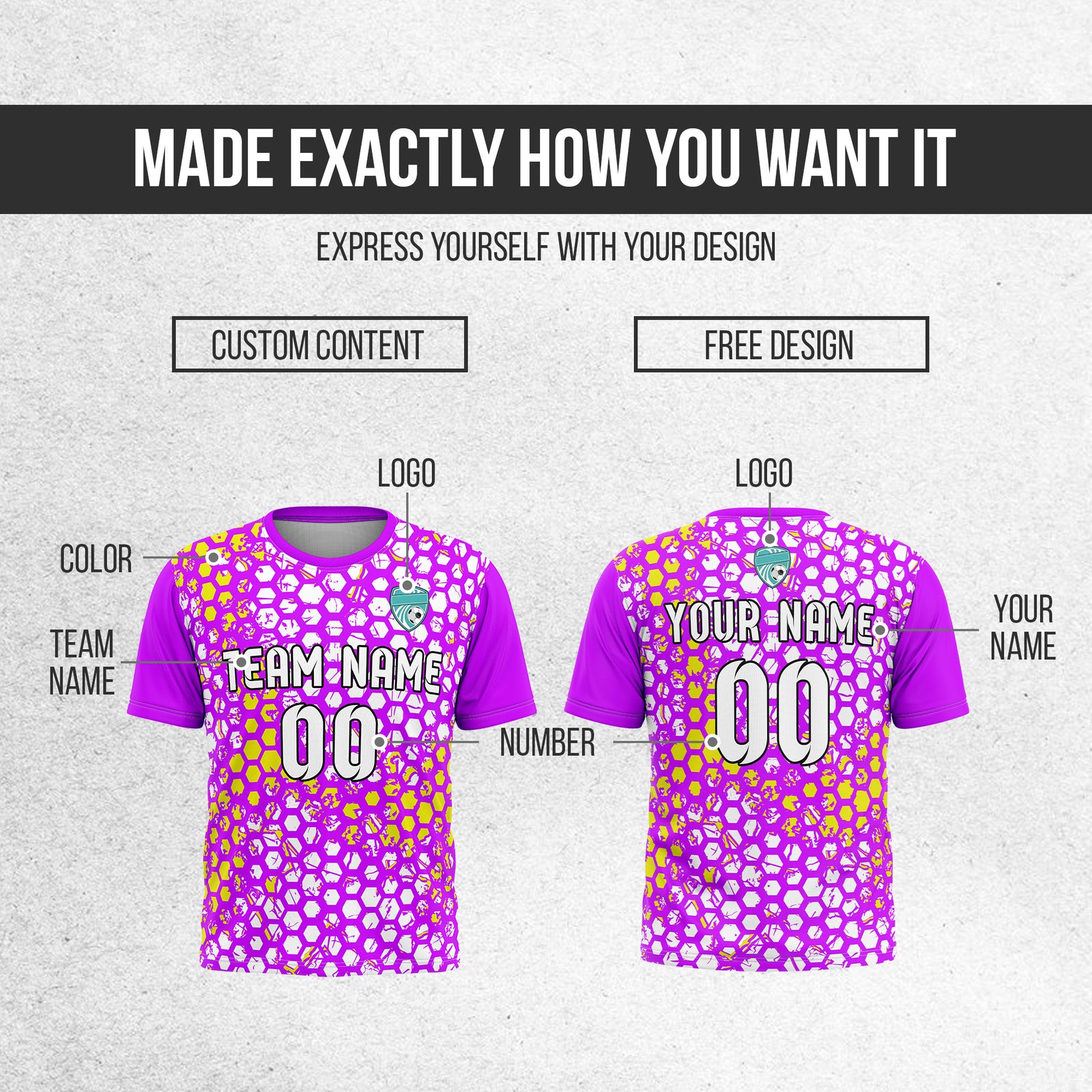 Custom Soccer Purple Round Neck Hex Pattern Sports Tops Jersey