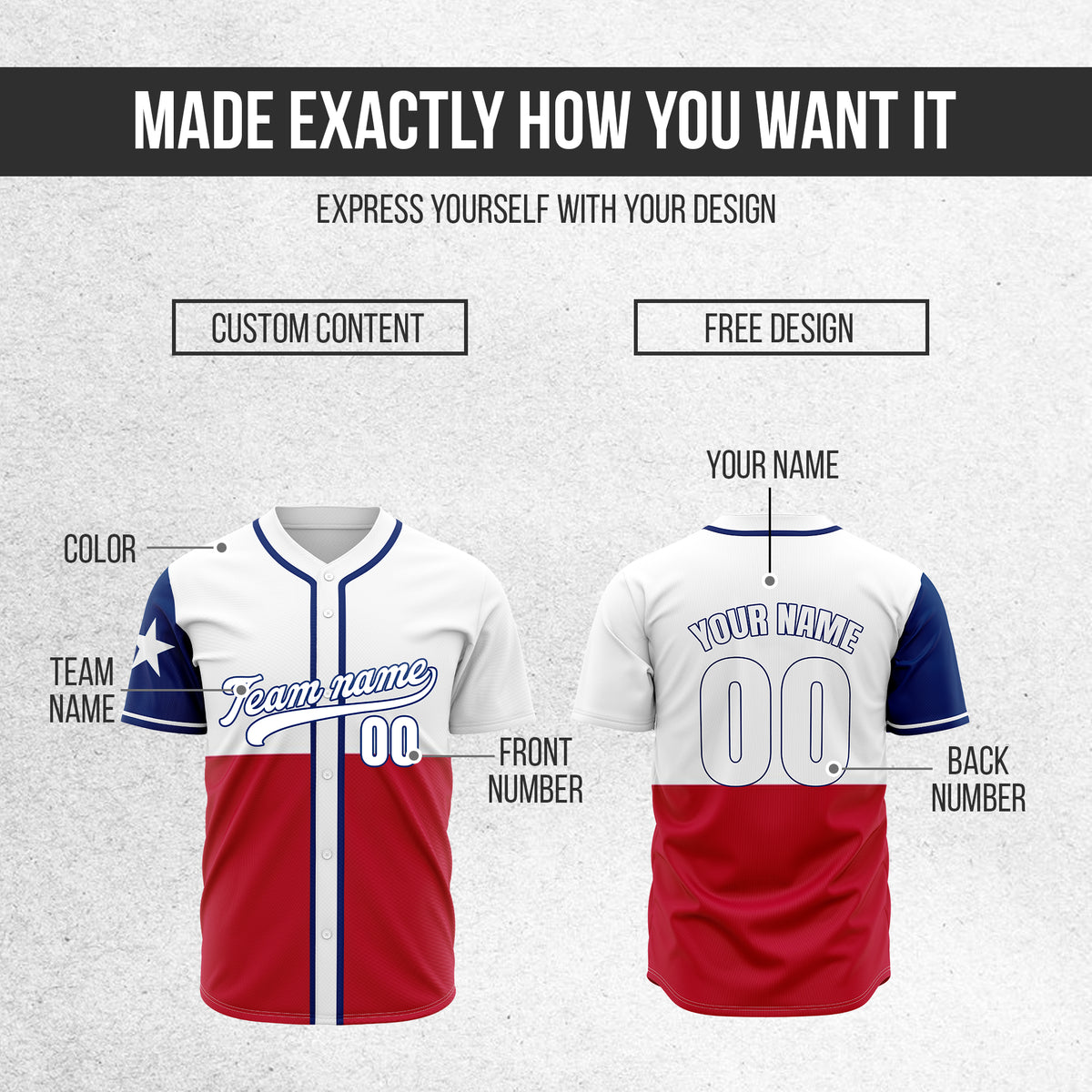 Custom Texas Flag Baseball White Sports Jersey Personalized Uniform with Name & Number