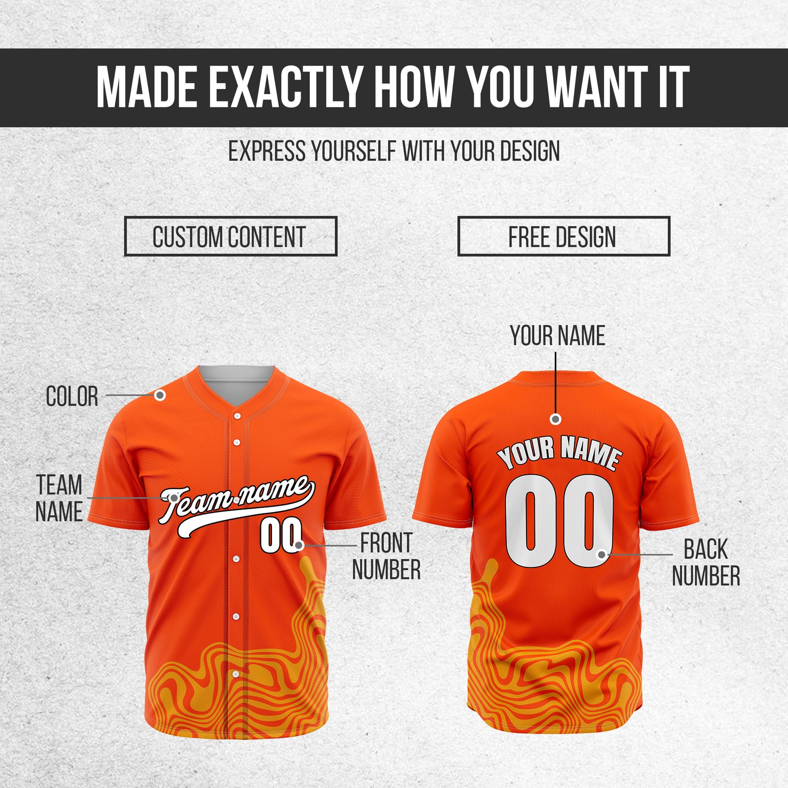 Custom Orange Baseball Wave Sports Jersey Personalized Uniform with Name & Number