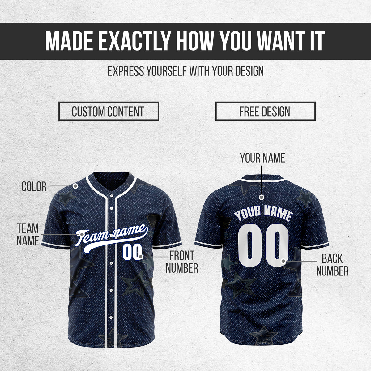 Custom Indigo Classic Denim Baseball Sports Jersey Personalized Uniform with Name & Number
