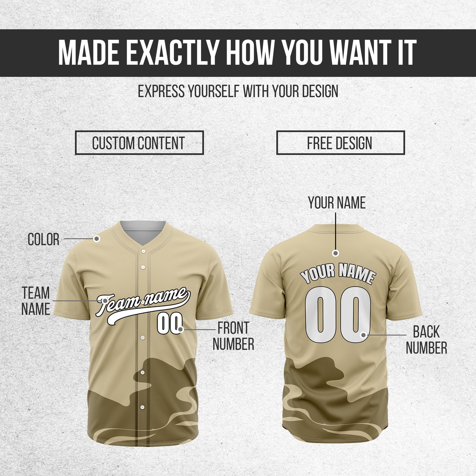 Custom Khaki Baseball Wave Sports Jersey Personalized Uniform with Name & Number