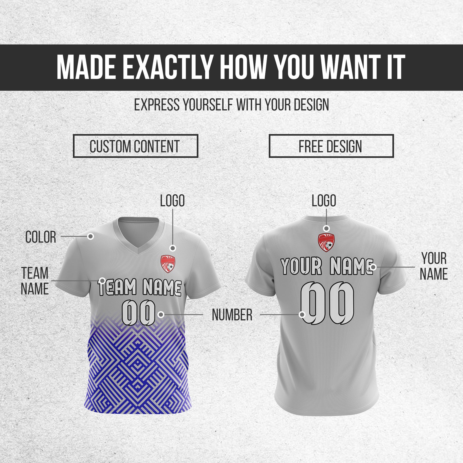 Custom Shadow Line V-Side Pattern Grey Soccer Sport Tops Jersey