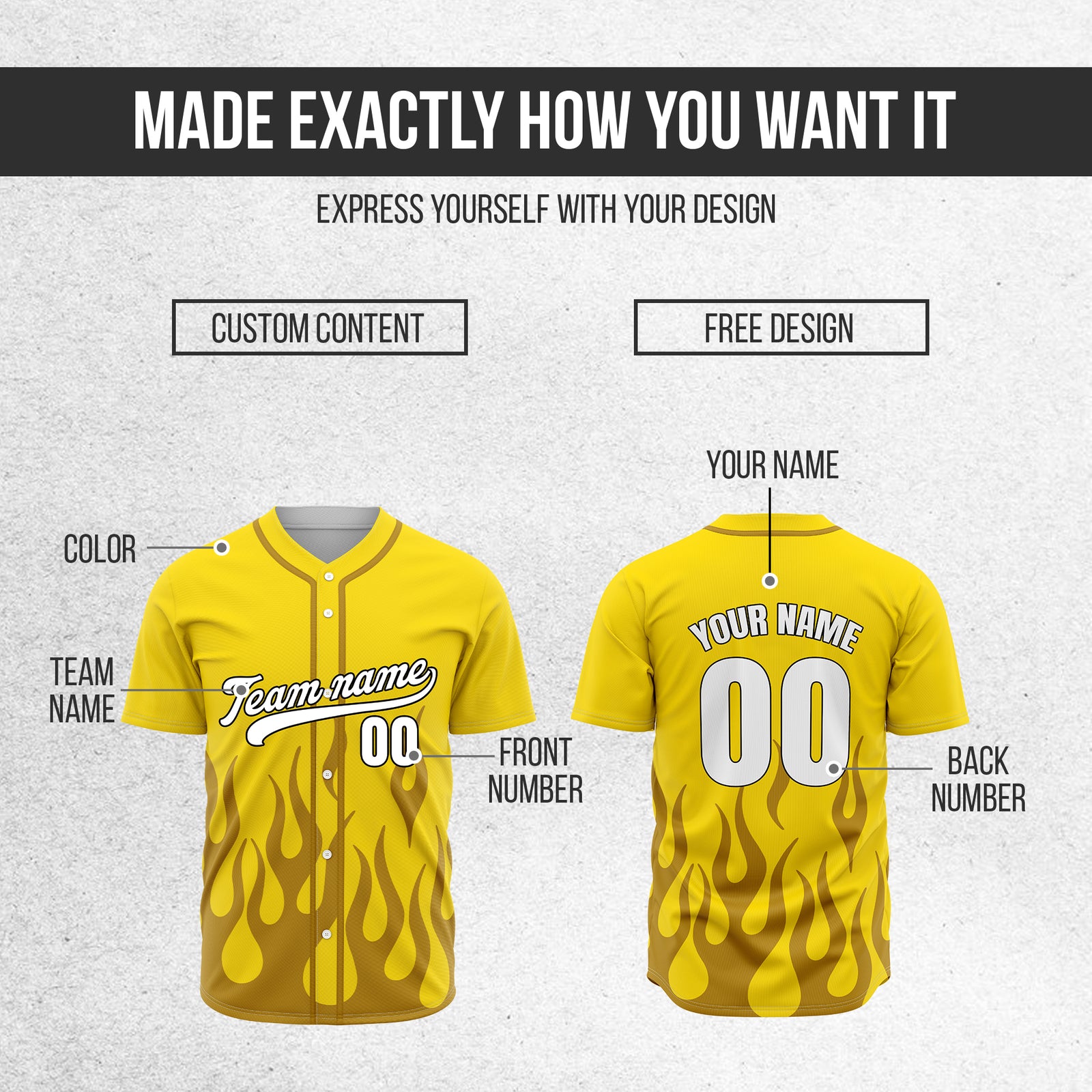 Custom Frost Fire Yellow Baseball Sports Jersey Personalized Uniform with Name & Number