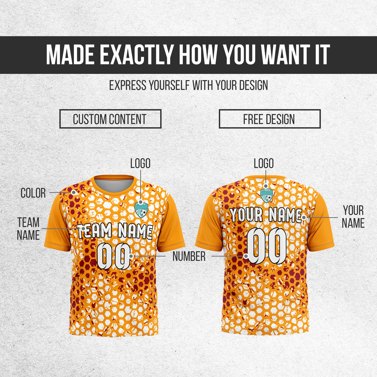 Custom Soccer Orange Round Neck Hex Pattern Sports Tops Jersey