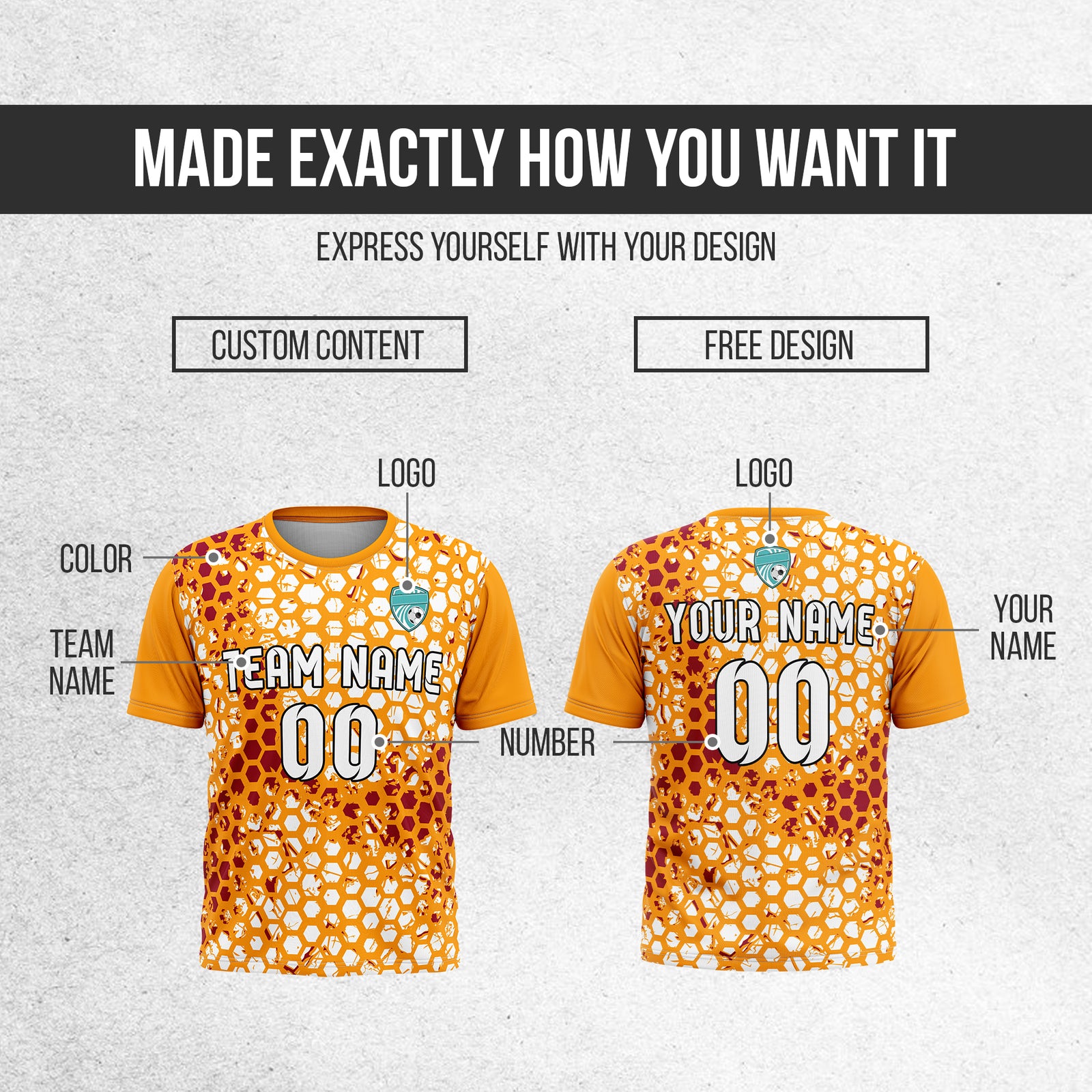 Custom Soccer Orange Round Neck Hex Pattern Sports Tops Jersey