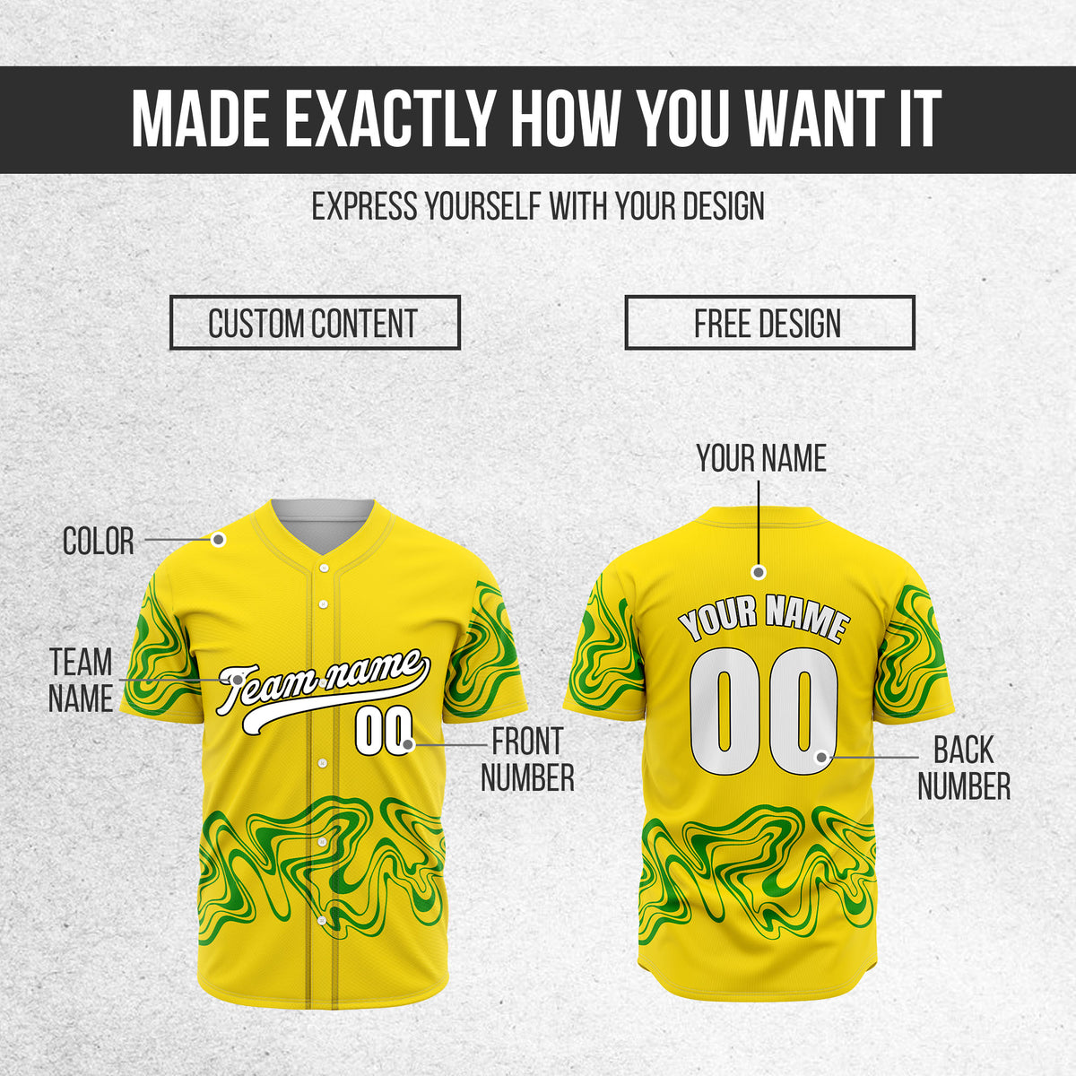 Custom Yellow Baseball Wave Sports Jersey Personalized Uniform with Name & Number