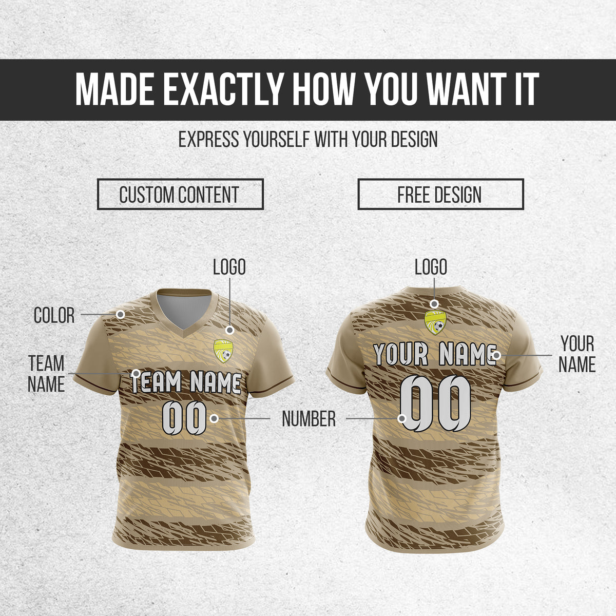 Custom Flare Strike V-Full Pattern Soccer Khaki Sport Tops Jersey
