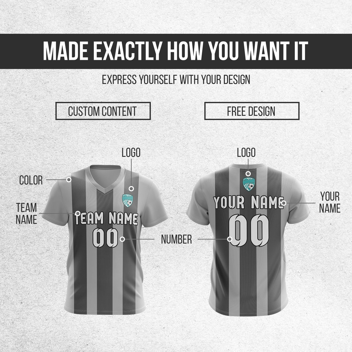Custom Striker Stripe V-Neck Grey Soccer Sport Tops Jersey
