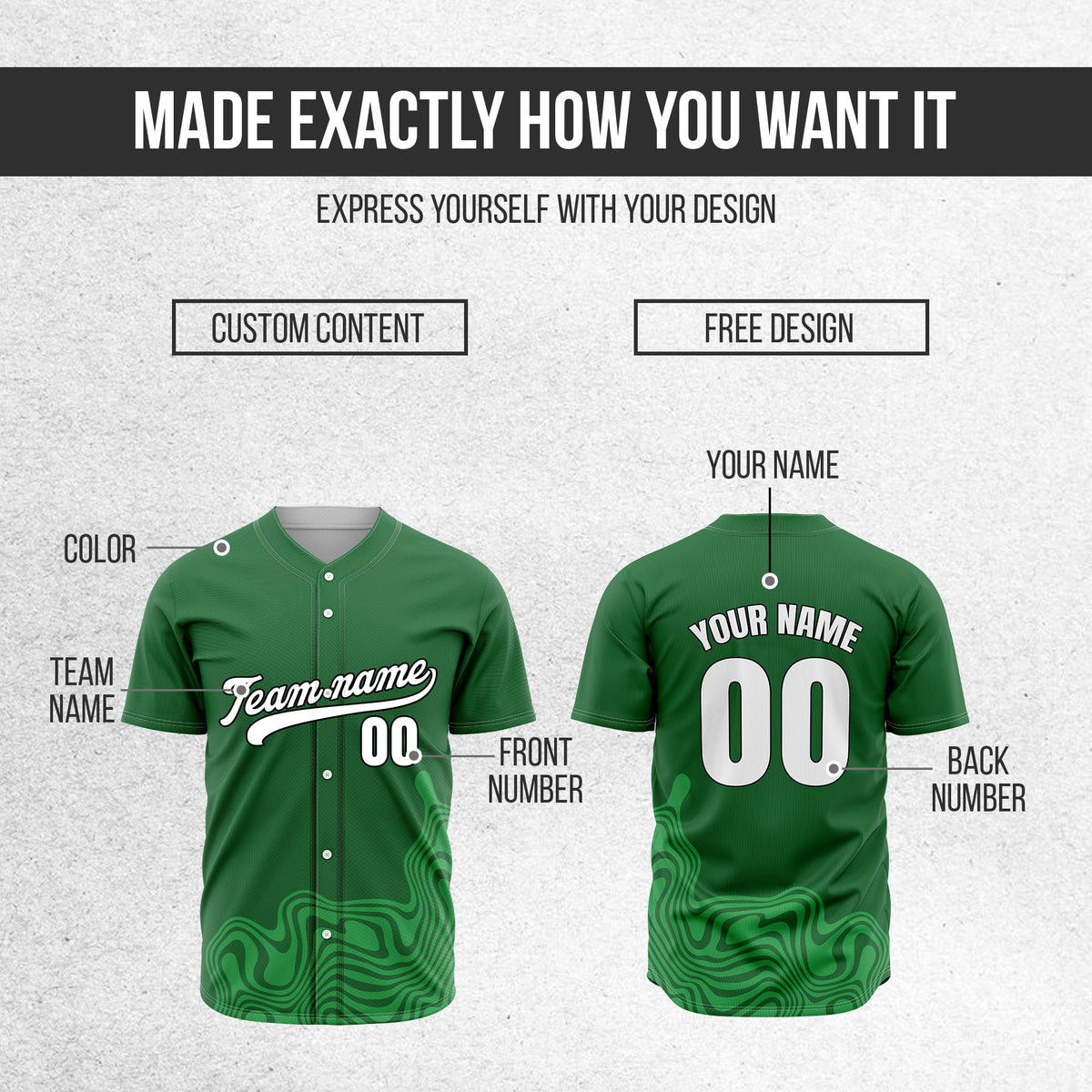 Custom Green Baseball Wave Sports Jersey Personalized Uniform with Name & Number