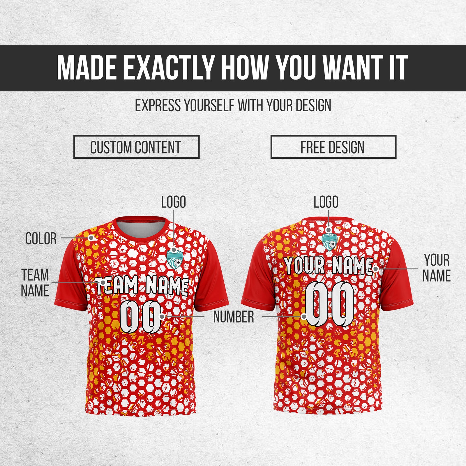 Custom Soccer Red Round Neck Hex Pattern Sports Tops Jersey