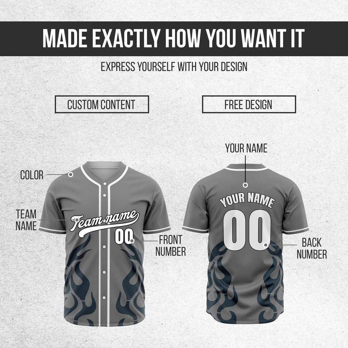 Custom Shadow Flames Grey Baseball Sports Jersey Personalized Uniform with Name & Number