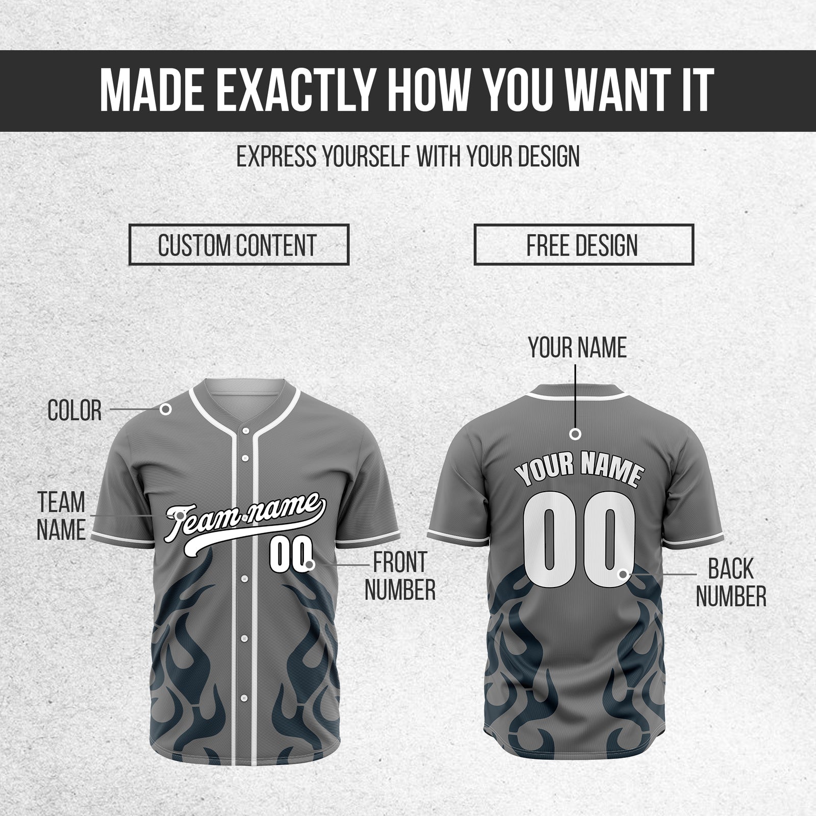 Custom Shadow Flames Grey Baseball Sports Jersey Personalized Uniform with Name & Number