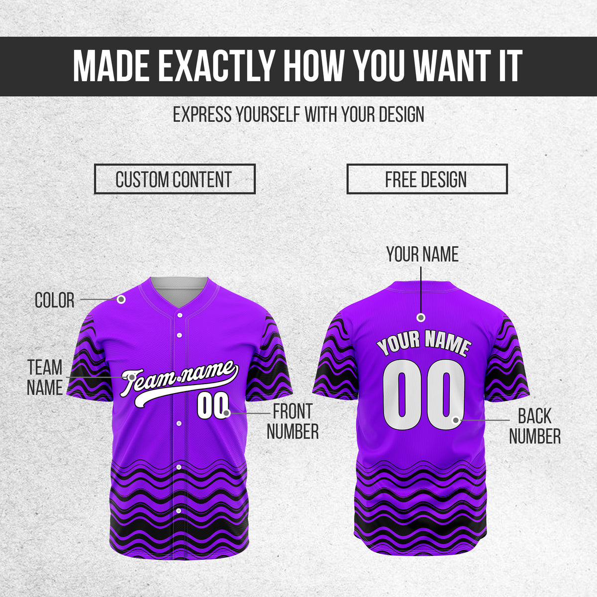 Custom Purple Baseball Wave Sports Jersey Personalized Uniform with Name & Number