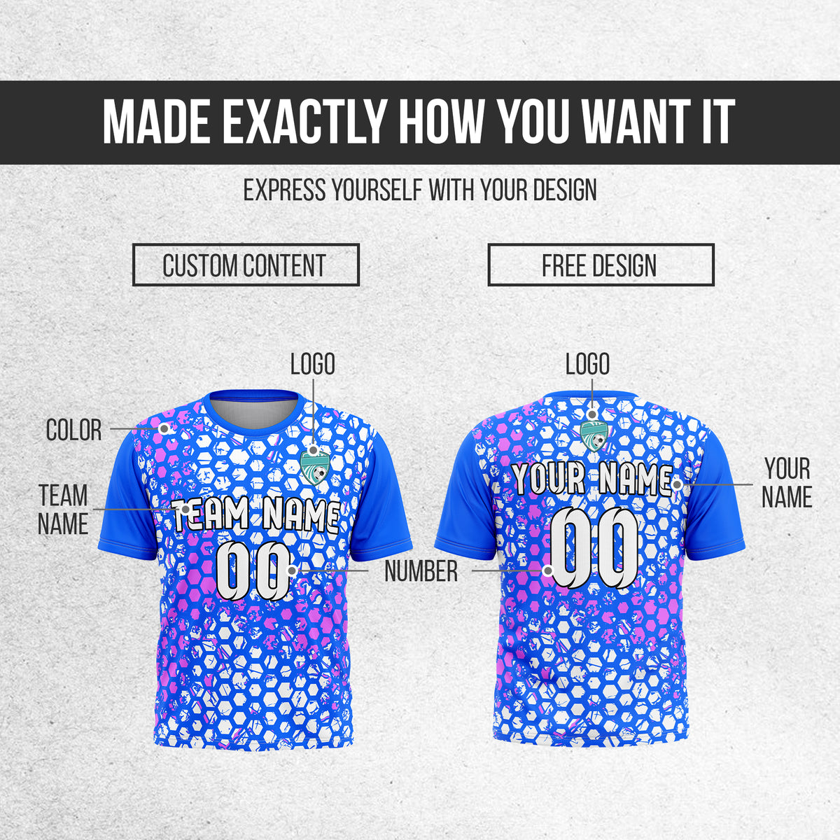 Custom Soccer Blue Round Neck Hex Pattern Sports Tops Jersey