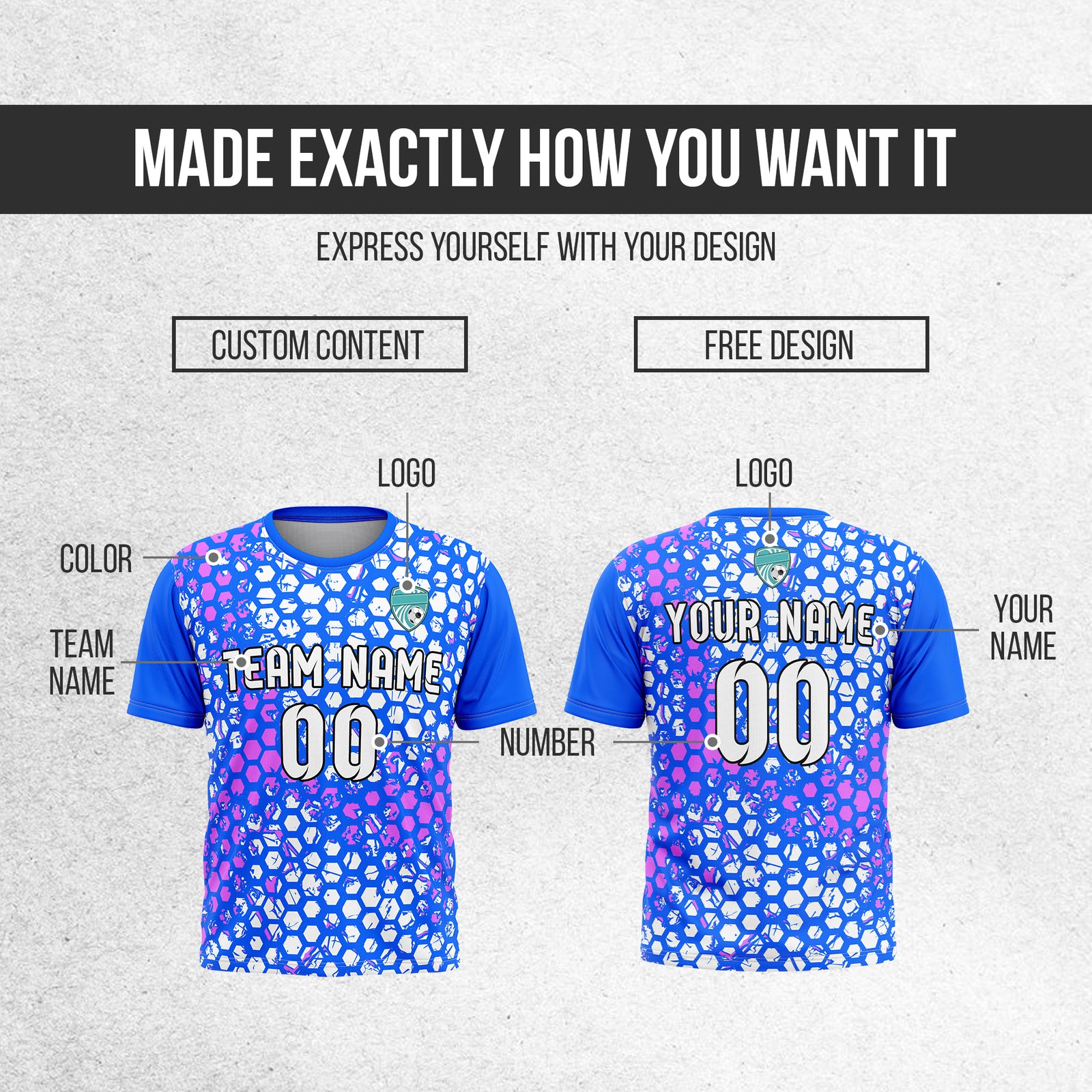 Custom Soccer Blue Round Neck Hex Pattern Sports Tops Jersey