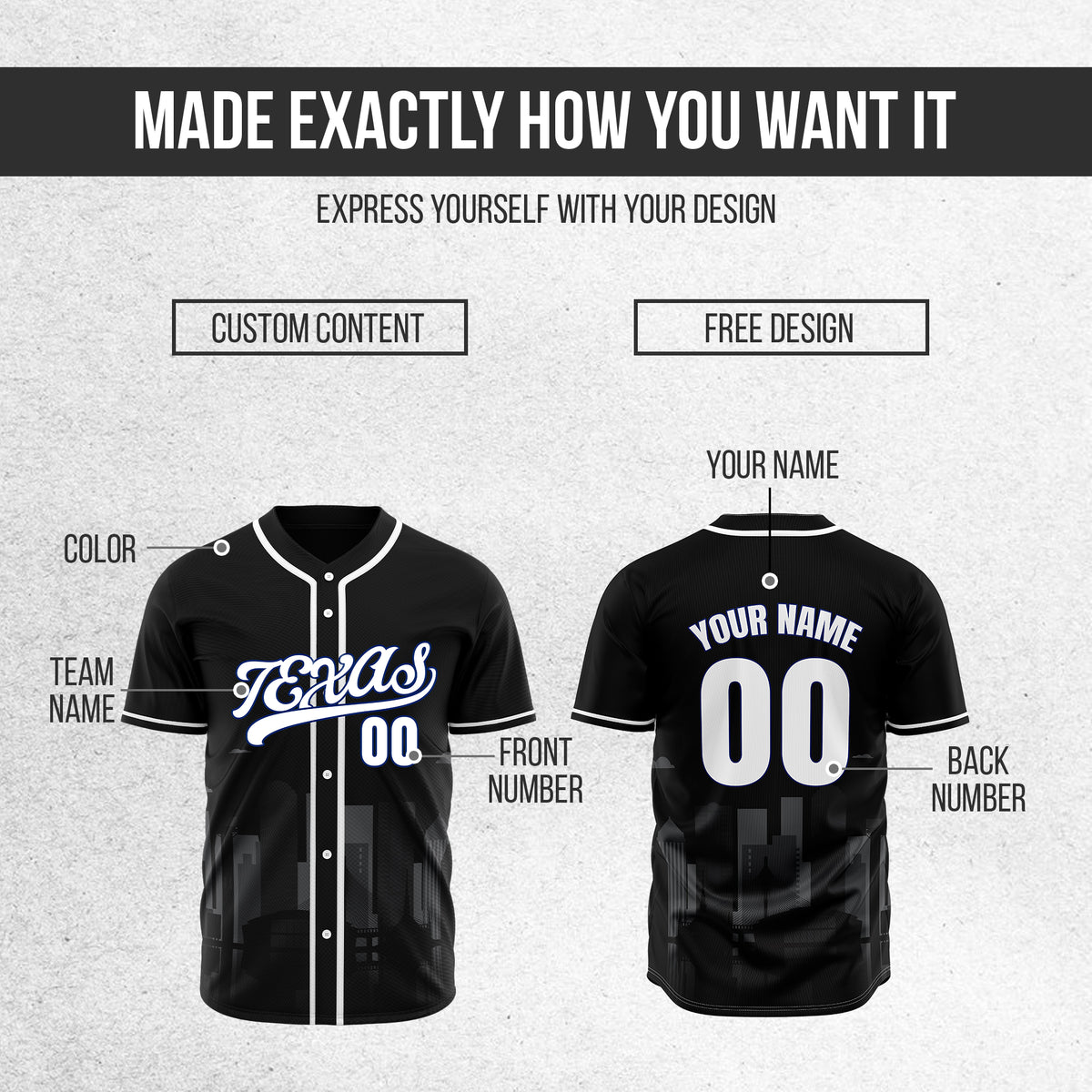 Custom City Lights Black Baseball Sports Jersey Personalized Uniform with Name & Number