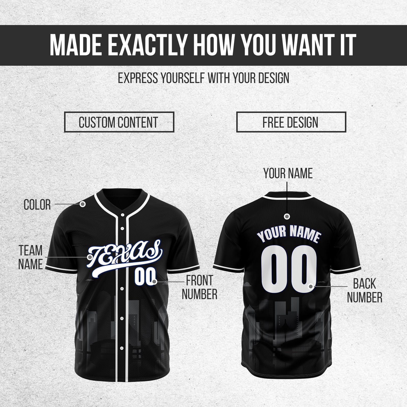 Custom City Lights Black Baseball Sports Jersey Personalized Uniform with Name & Number