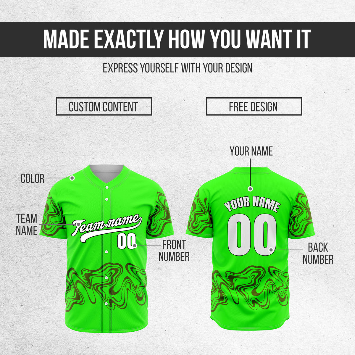 Custom Neon Green Baseball Wave Sports Jersey Personalized Uniform with Name & Number